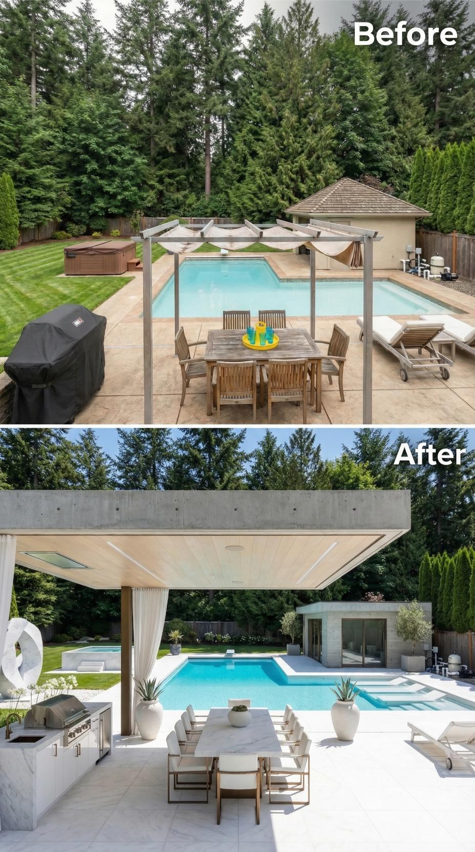 Concrete Pavilion and White Marble Surfaces Replace Weathered Teak and Stamped Concrete