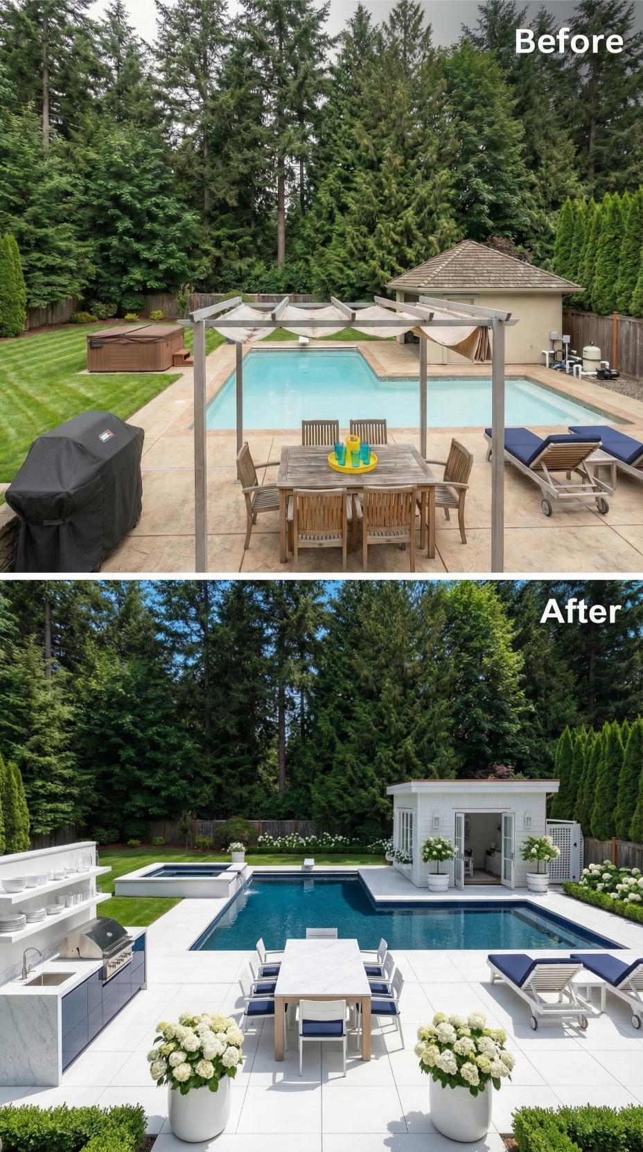 Marble Surround and White Pool House Pull a Backyard Out of the 2000s