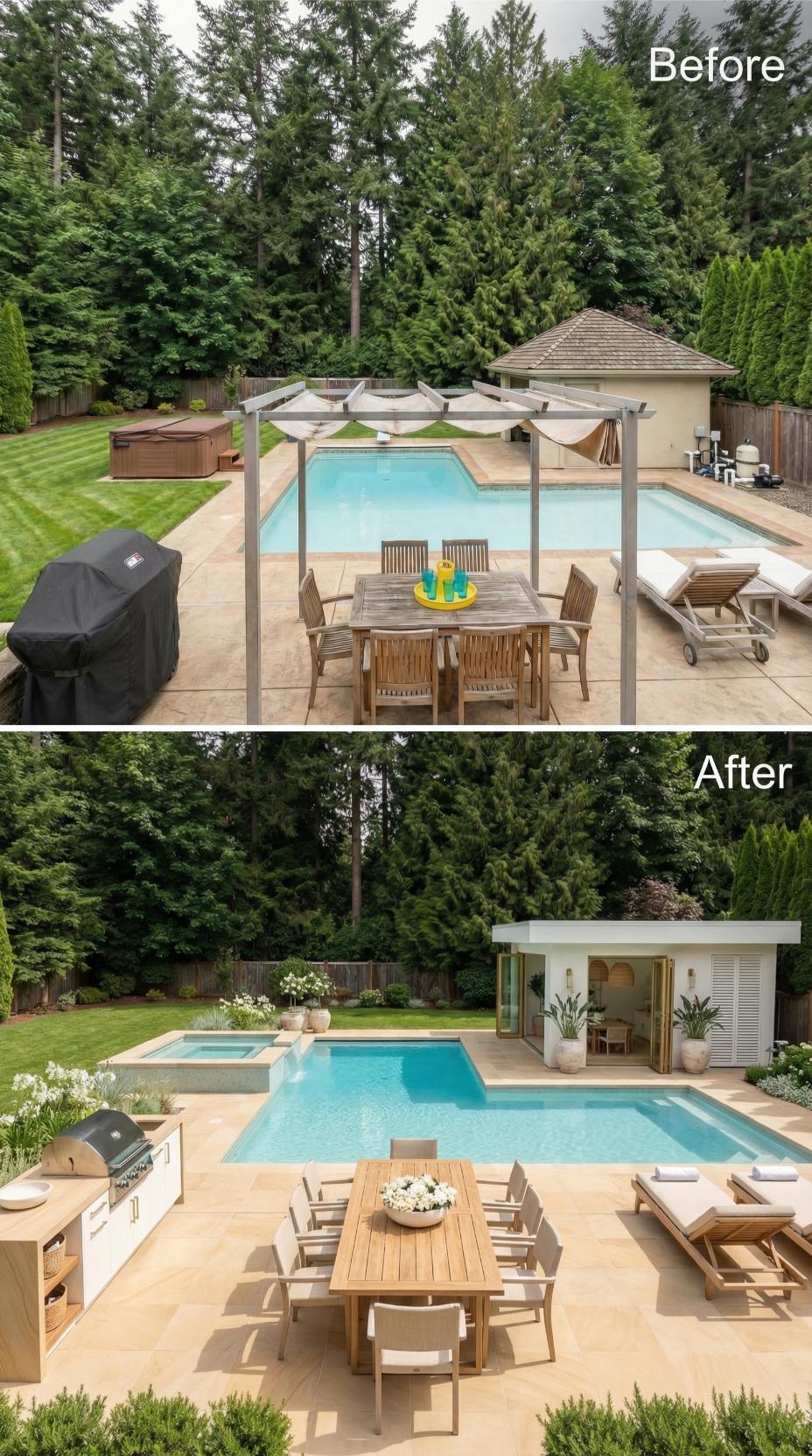 Brushed Teak and a Pool House Reboot Replace Stamped Concrete and Gray Pergola