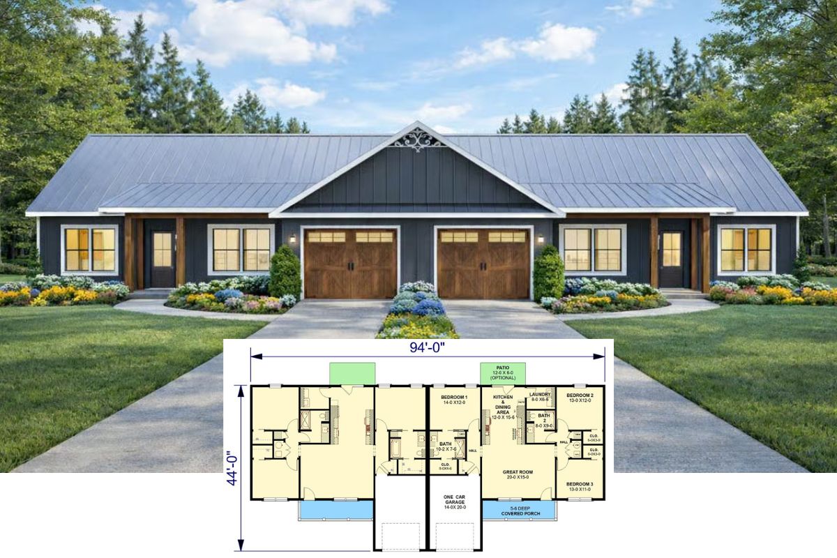 Ranch-Style Duplex with 3-Bed Units and a Front Porch (Floor Plan)