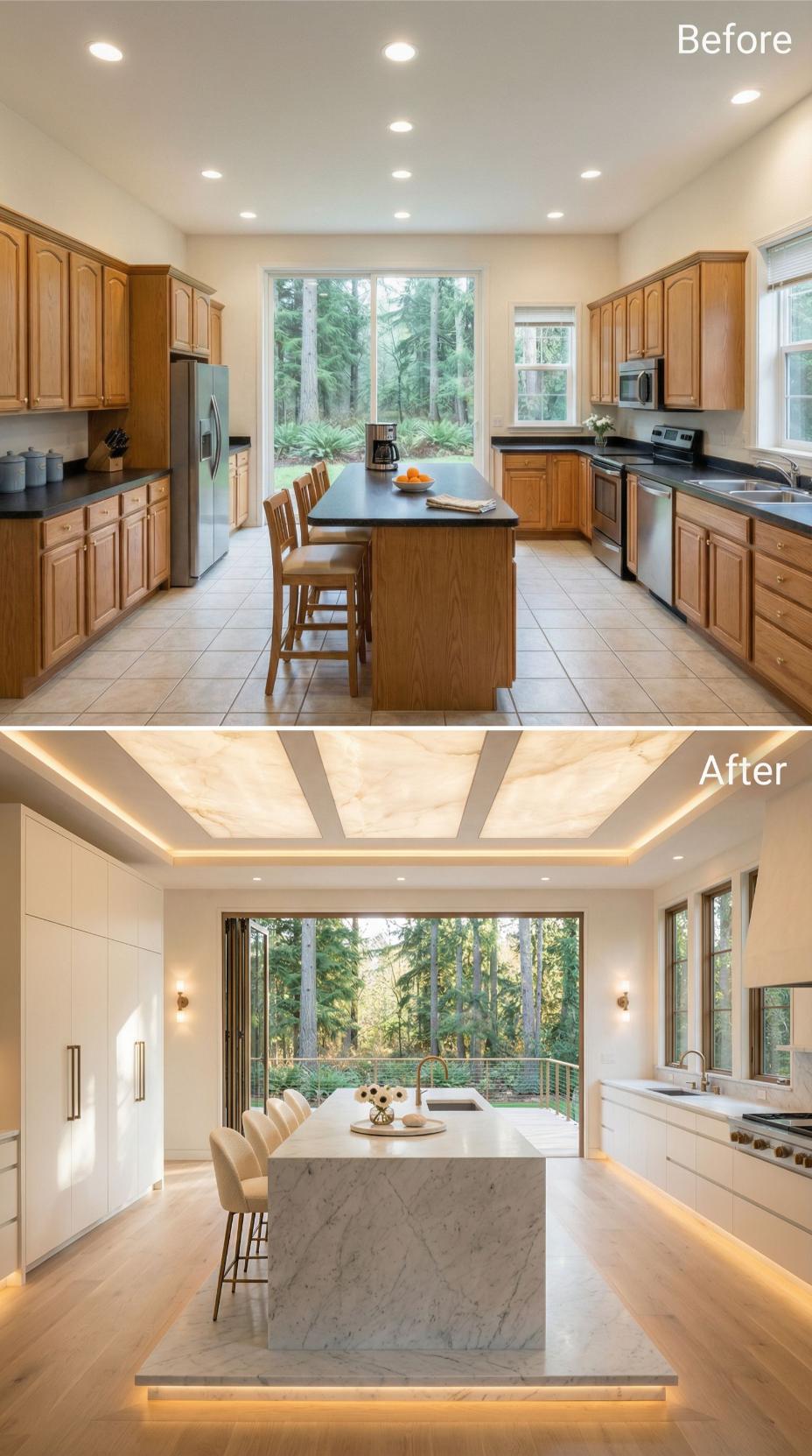 White Flat-Panel Slabs and Marble Island Step Unseat Honey Oak