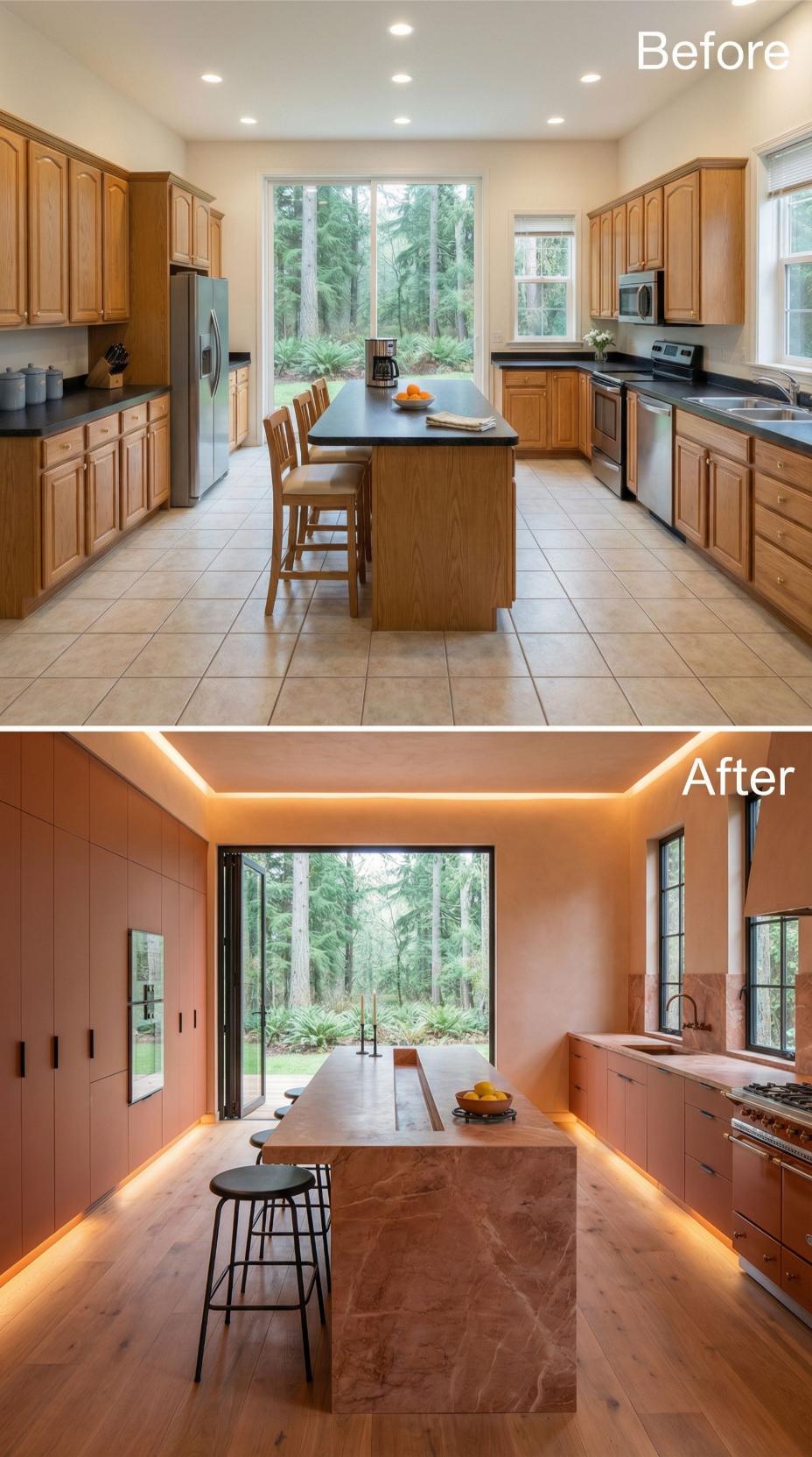 Cove-Lit Peach Plaster and Bifold Glass Doors Replace Beige Tile