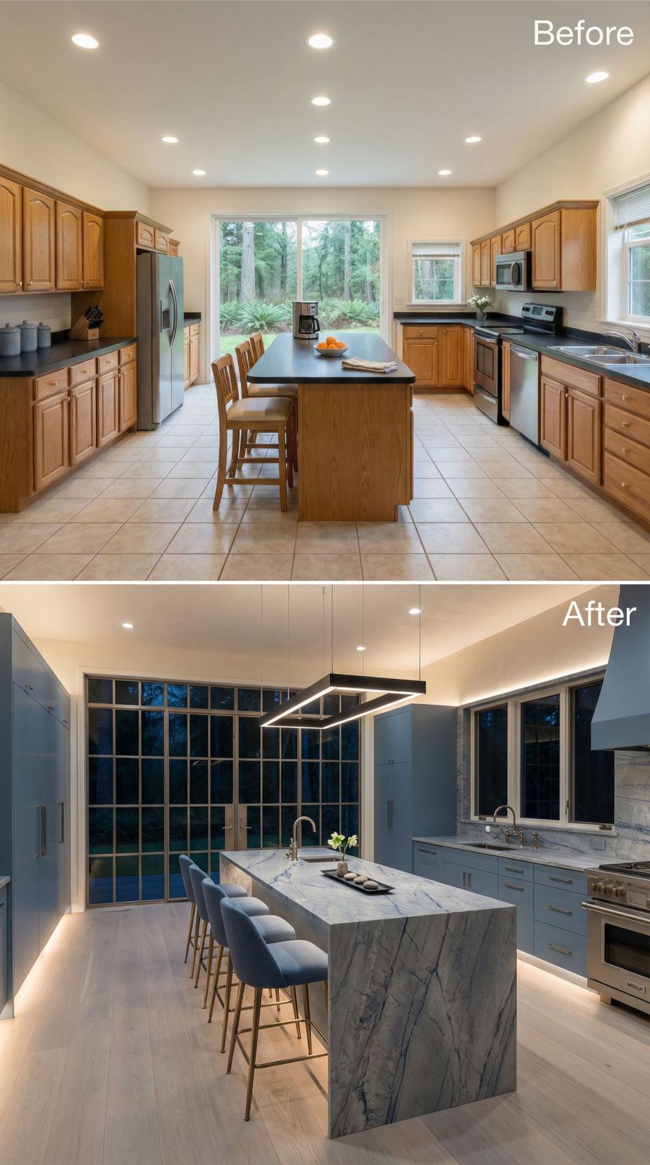 Gray-Blue Slabs and Book-Matched Island Counter Follow Honey Oak