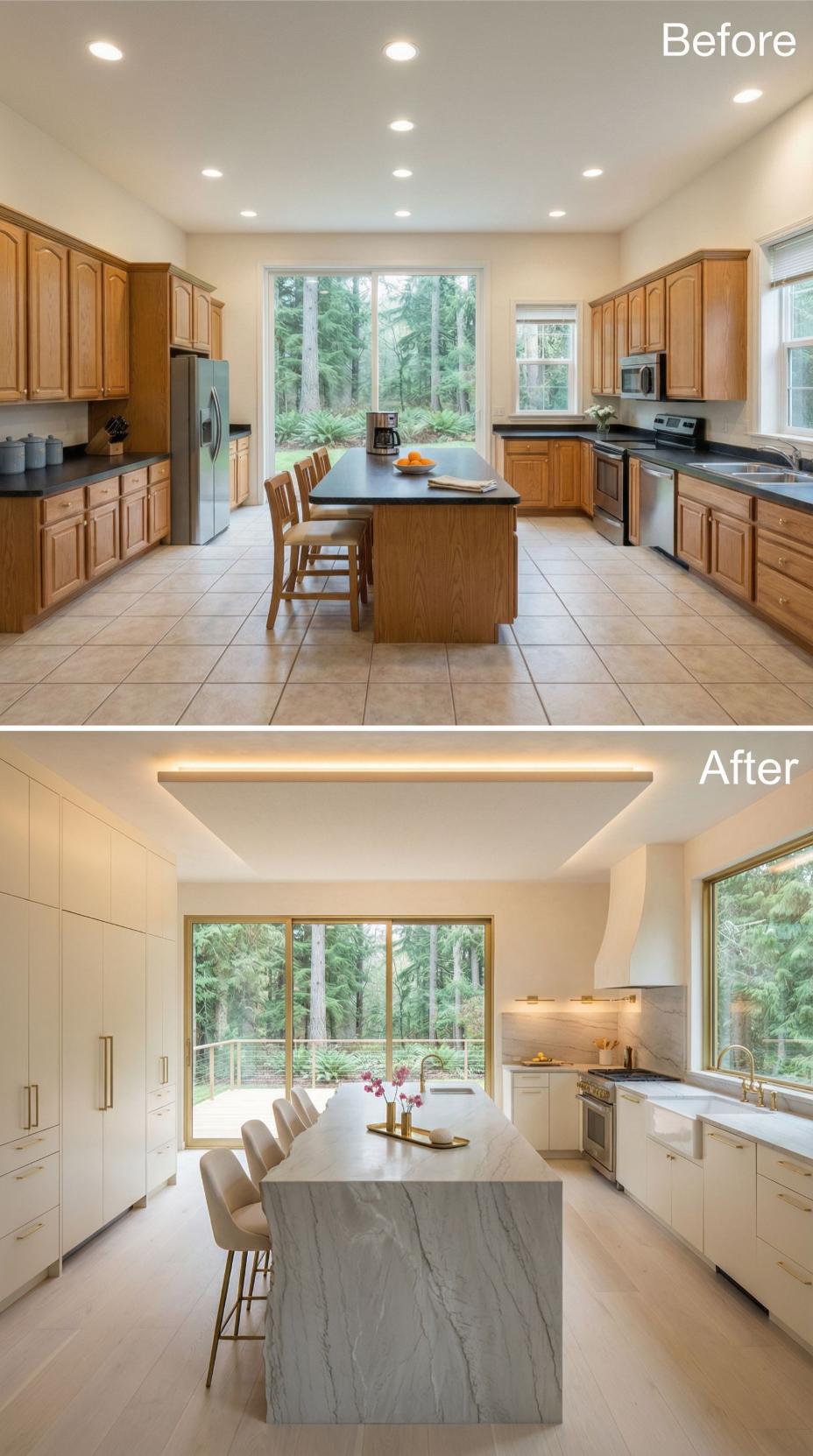 Cove-Lit Ceiling Panel and Gray Veined Waterfall Island Replace Oak