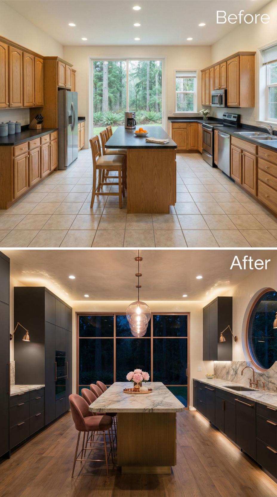 Matte Charcoal Slabs and Ribbed Brass Island Displace Cathedral Oak