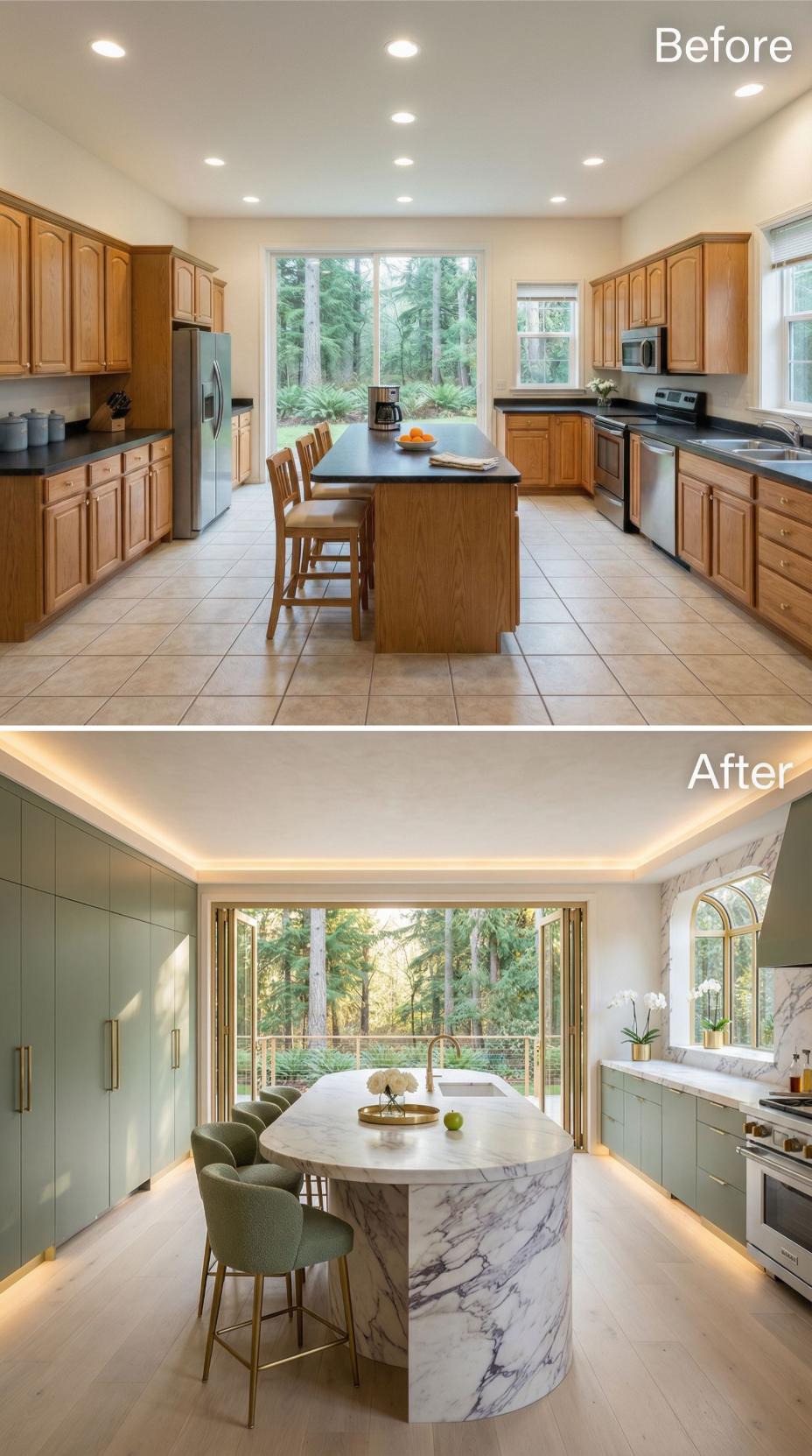 Sage Handleless Cabinets and Curved Marble Drum Succeed Tan Oak