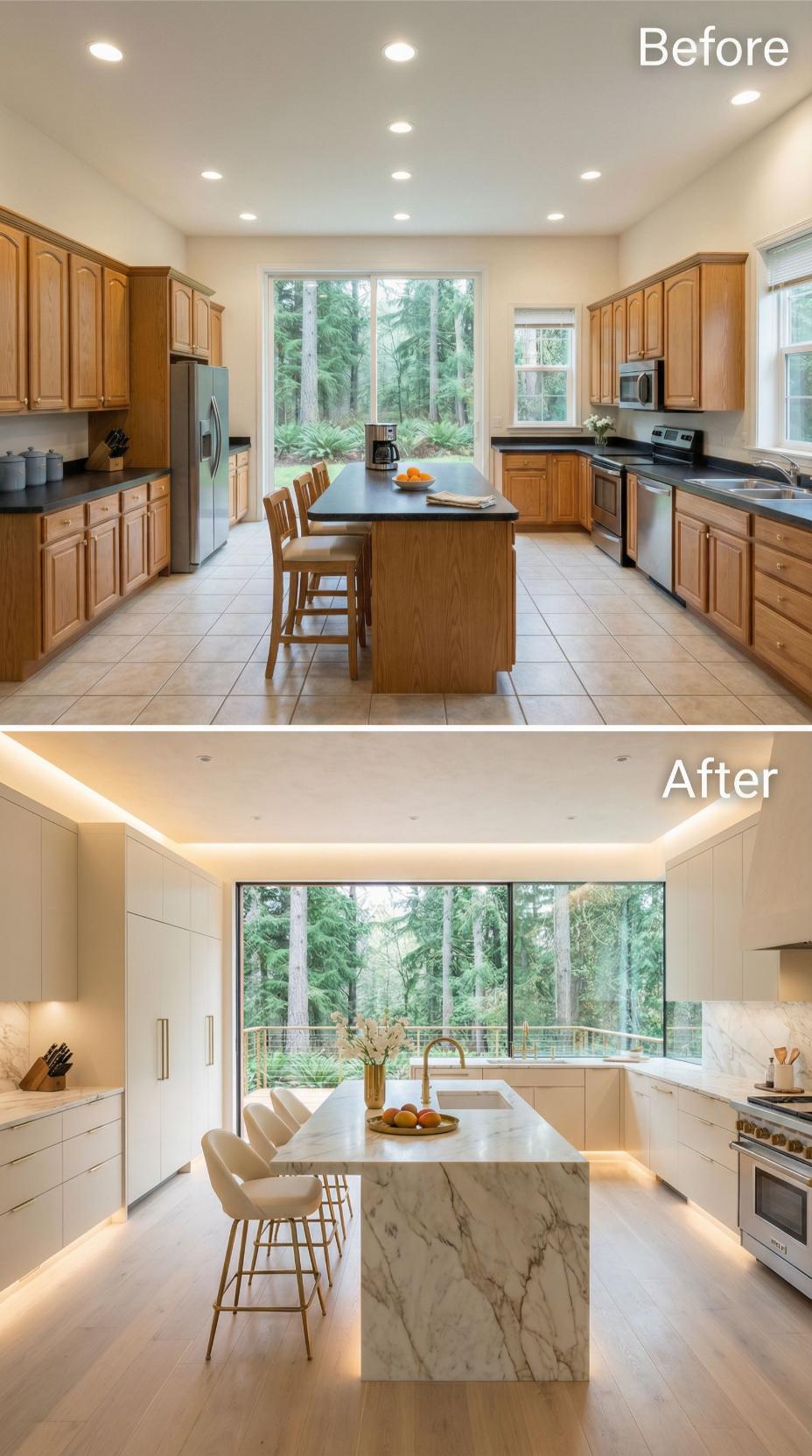 Cove-Lit Cream Slabs and Calacatta Waterfall Island Exit Oak Arches