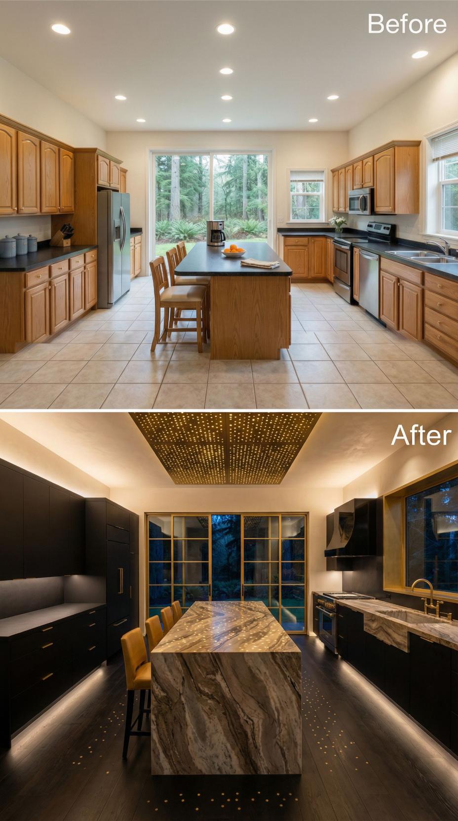 Black Slab Cabinetry and Striped Marble Waterfall Unseat Oak Tradition