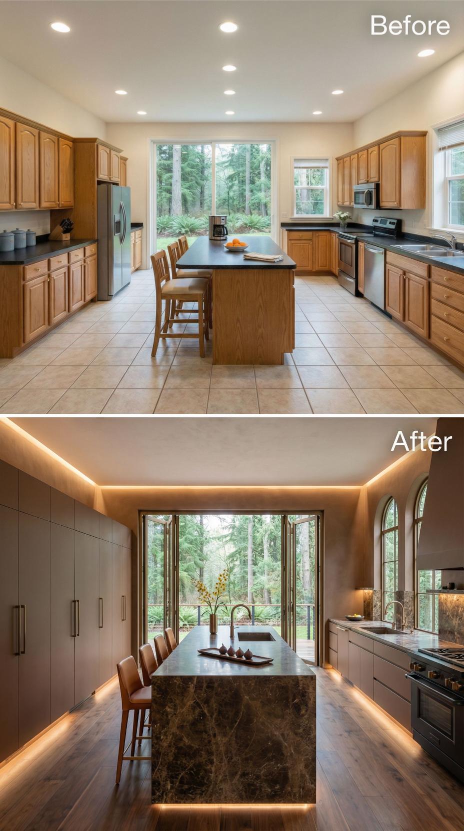 Cove-Lit Taupe Slabs and Marble Waterfall Exit Oak and Tile