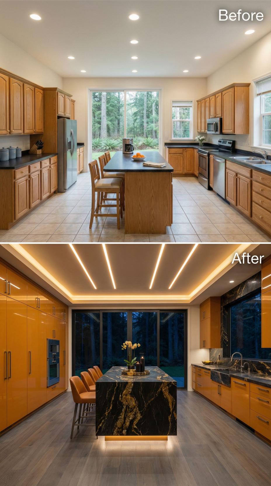 Cove-Lit Linear Tray and Marbled Waterfall Replace Traditional Oak