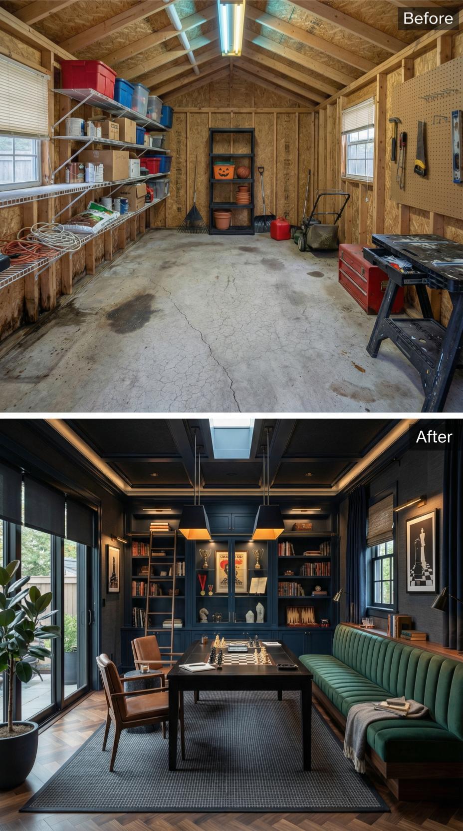 Storage Shed Converted Into Navy-Paneled Study with Skylight
