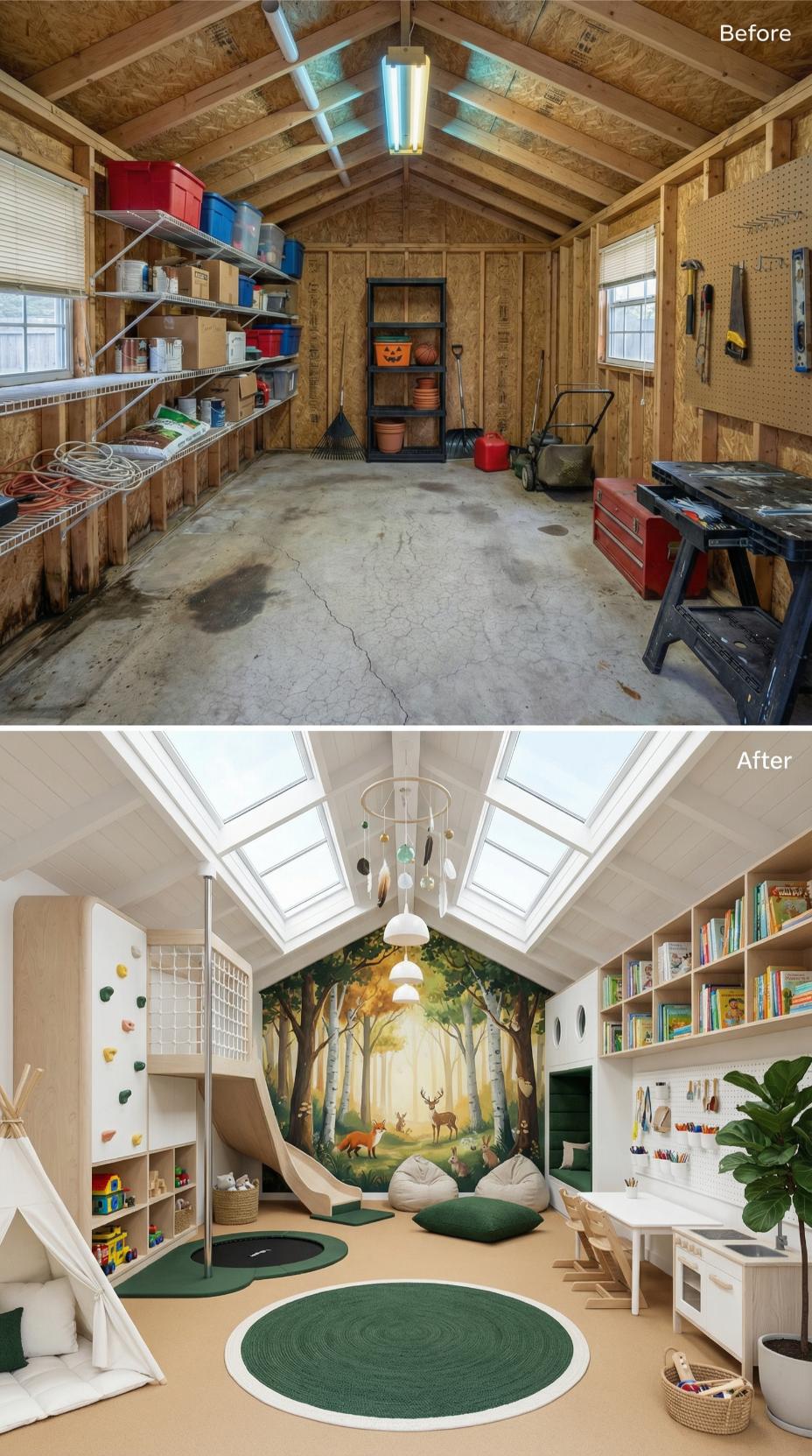Plywood Workshop Converted to Forest-Themed Playroom with Skylights