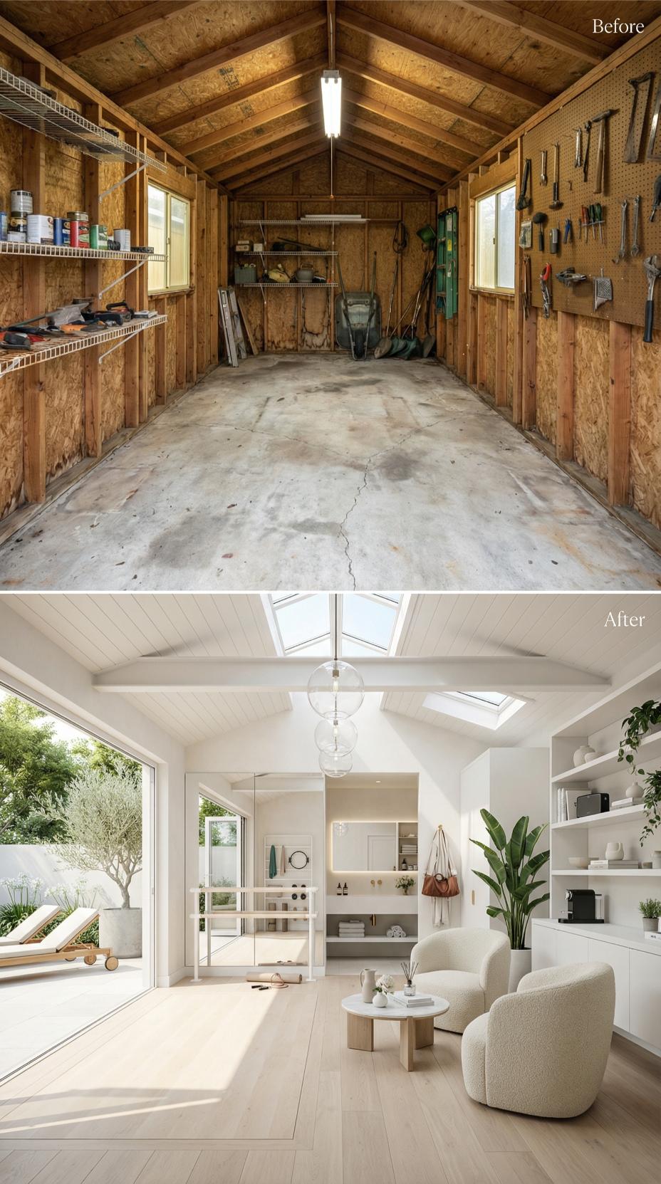 Workshop Garage Converted to Scandinavian Living Room with Skylight Trio