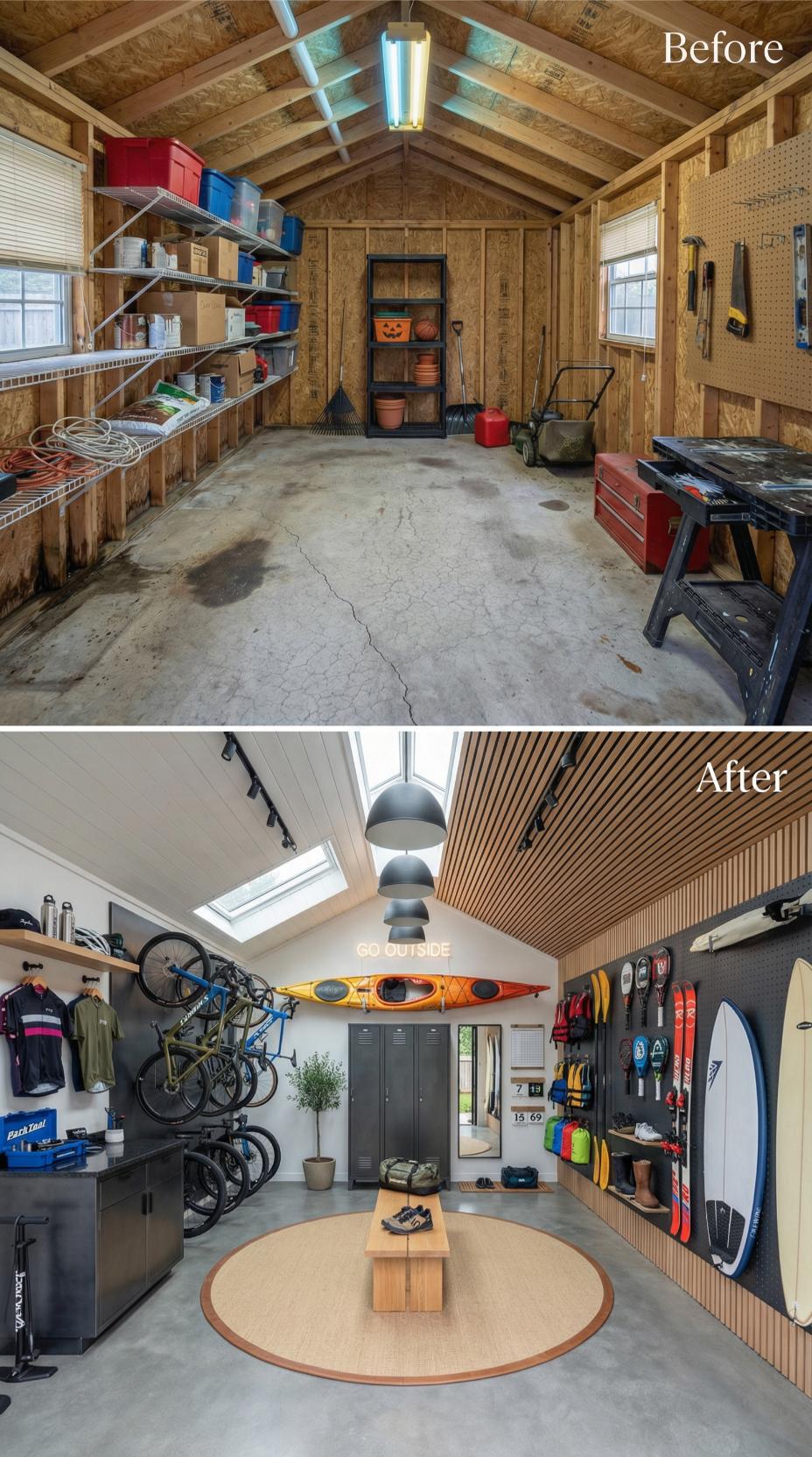 Concrete Garage Converted to Sports Gear Outfitter with Skylight Vault