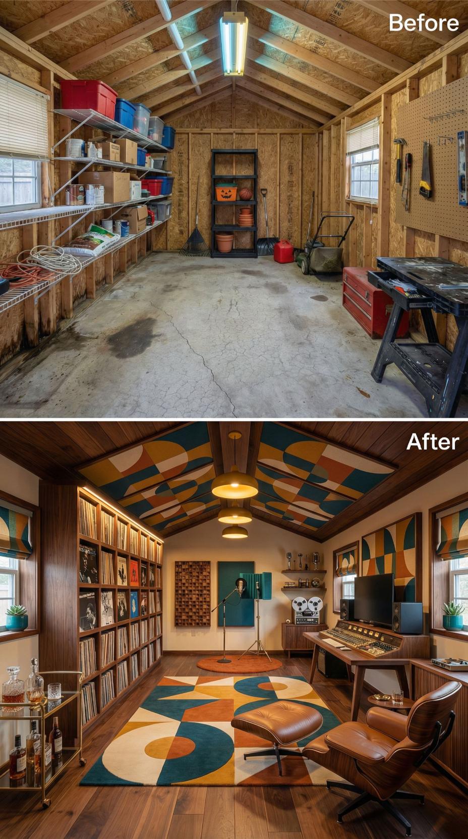 Recording Studio Built from Shed Bones with Retro Geometric Ceiling