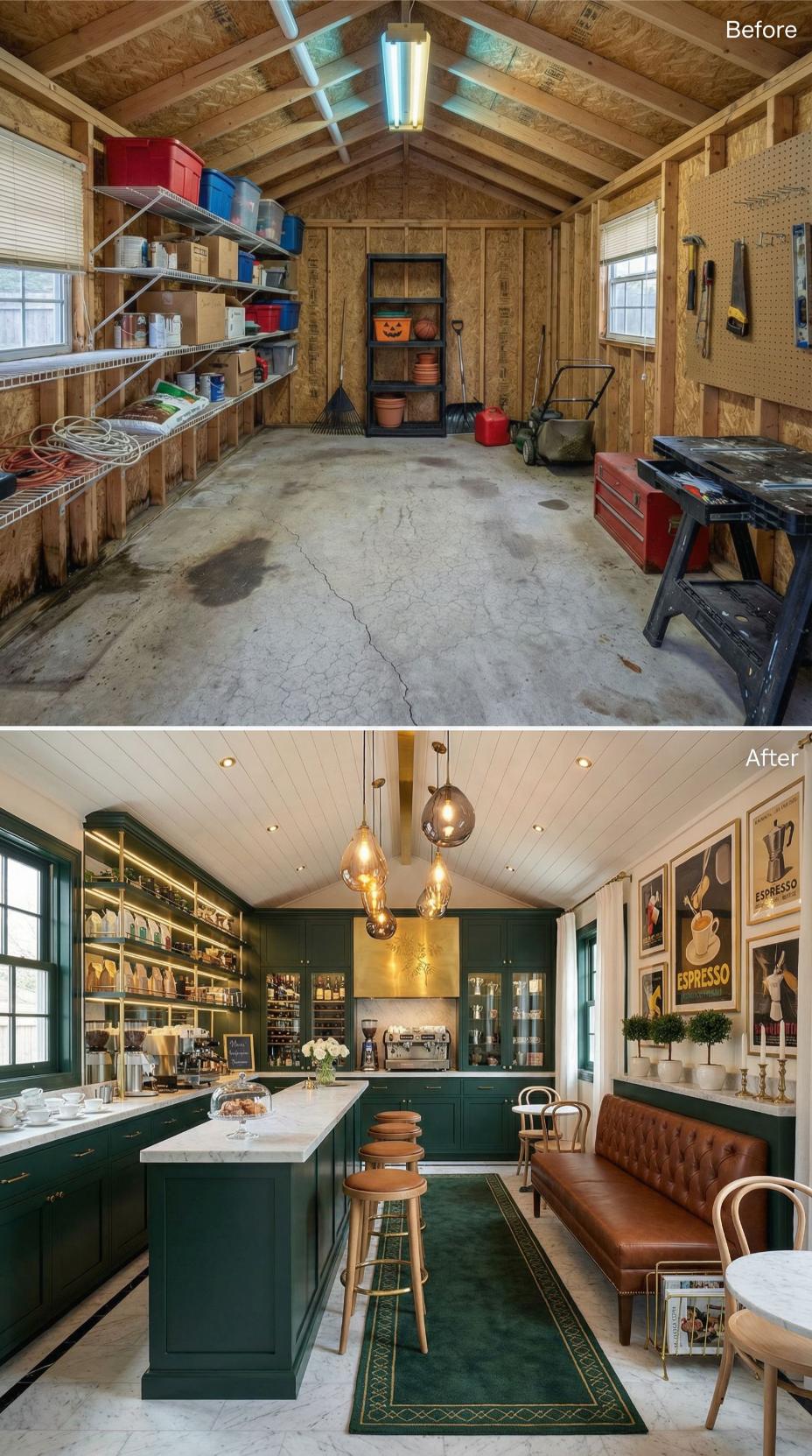 Tool Shed Turned Café-Style Coffee Bar with Espresso Machine and Tufted Banquette