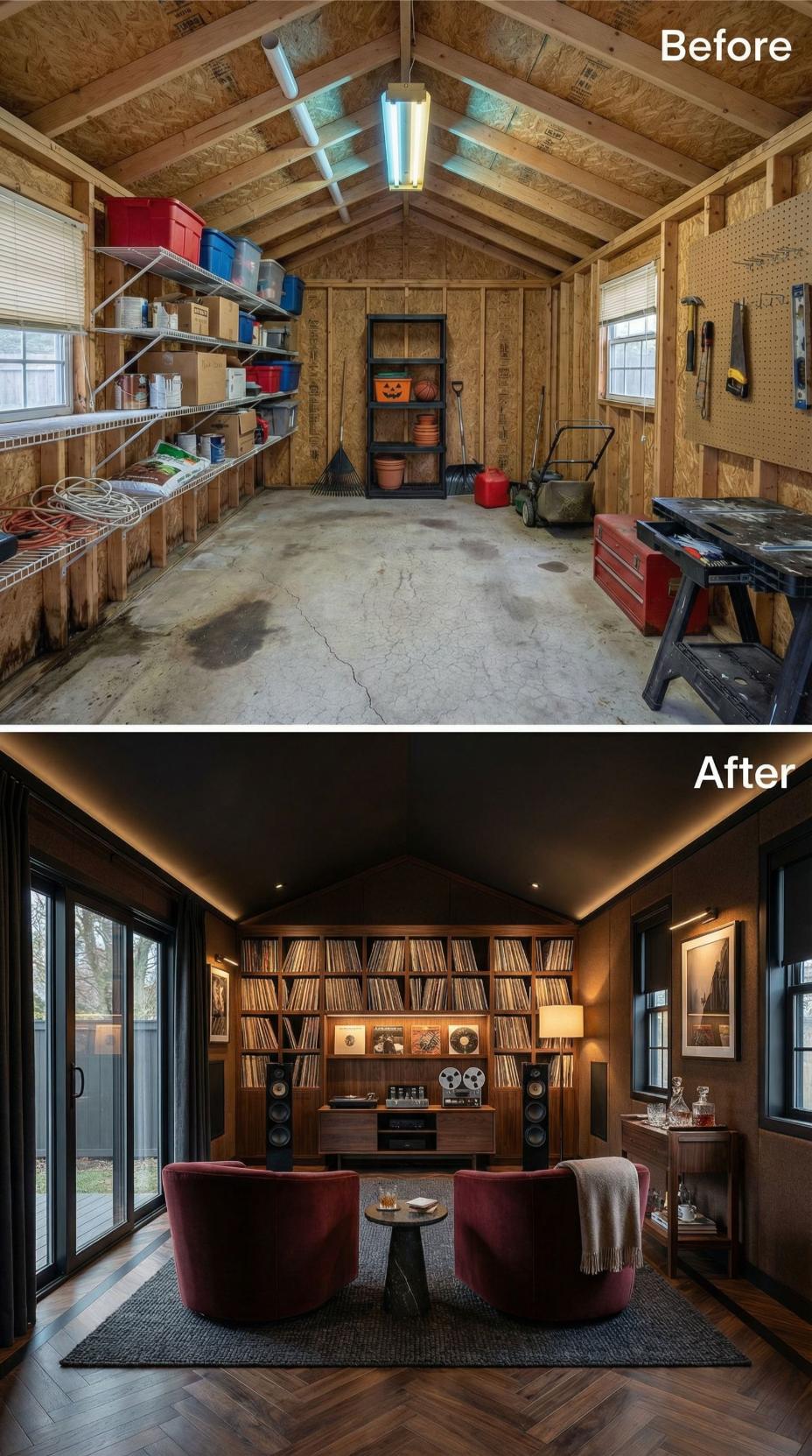 Vinyl Record Listening Lounge Carved from OSB Storage Space