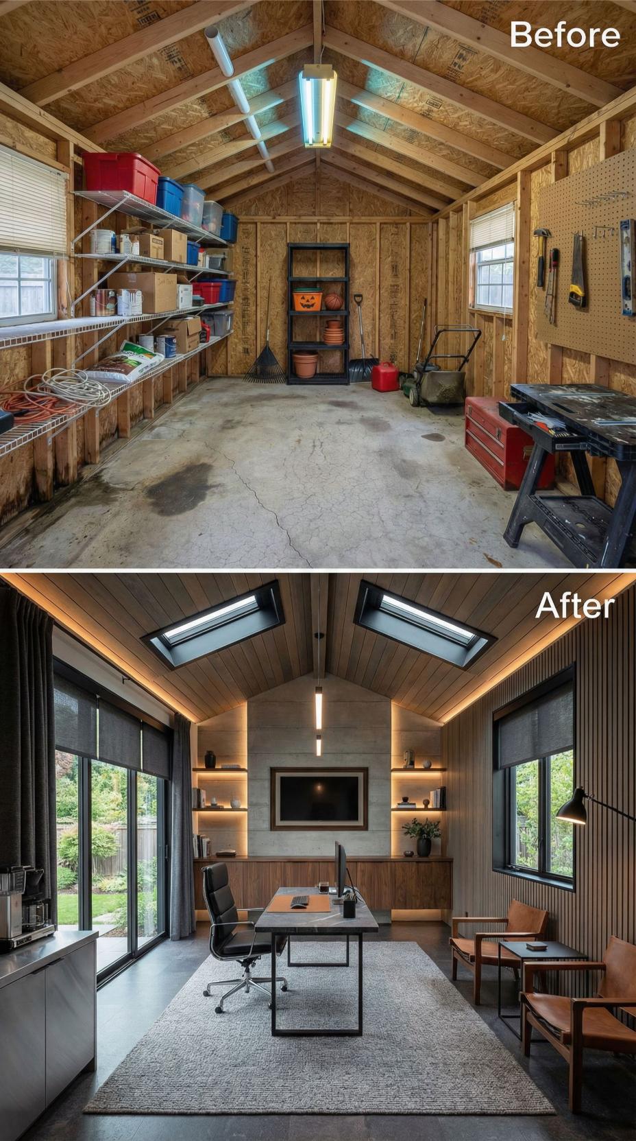 Utility Shed Transformed Into Minimalist Home Office with Skylights and Walnut Built-Ins