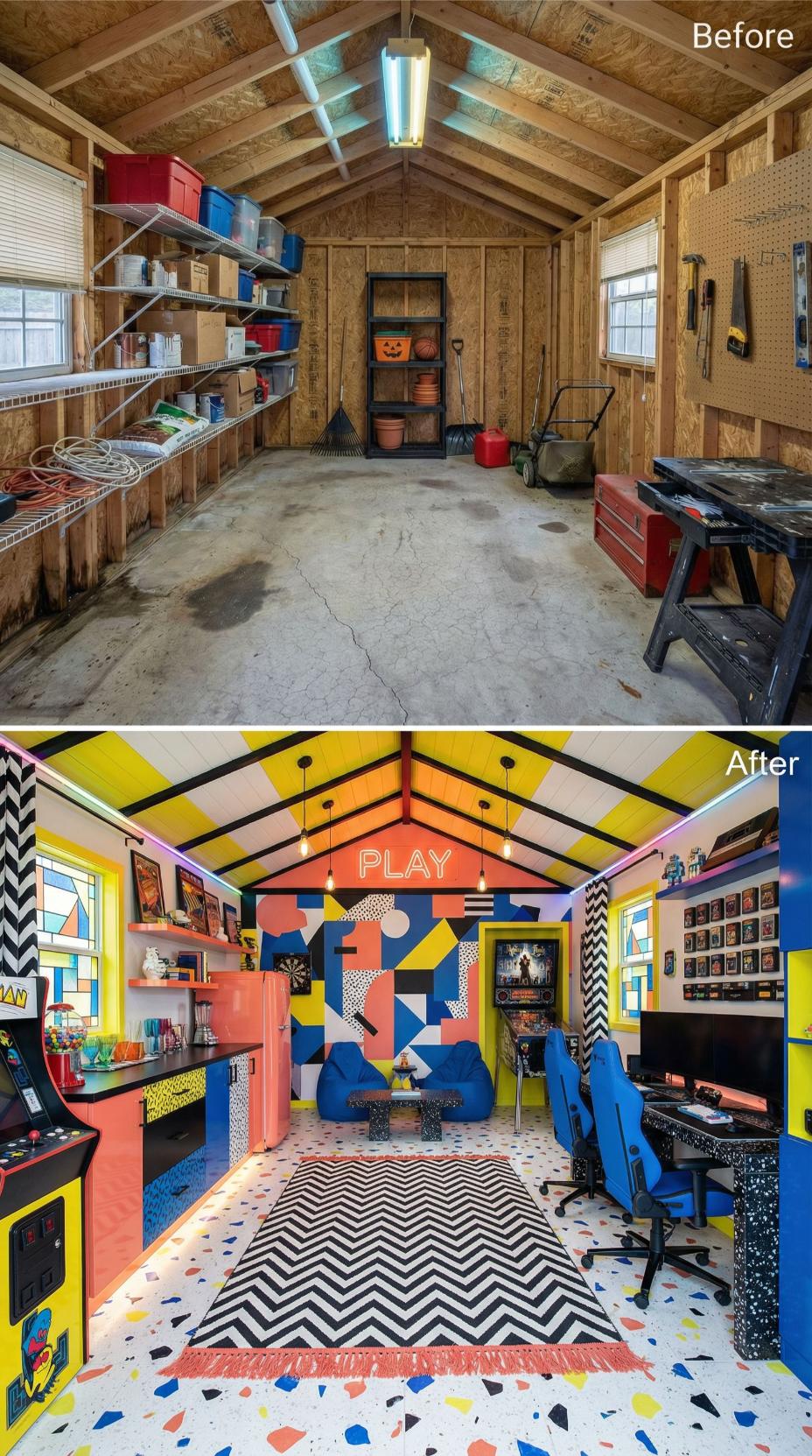 1980s Arcade Game Room Built from Shed Framework with Memphis Design Walls
