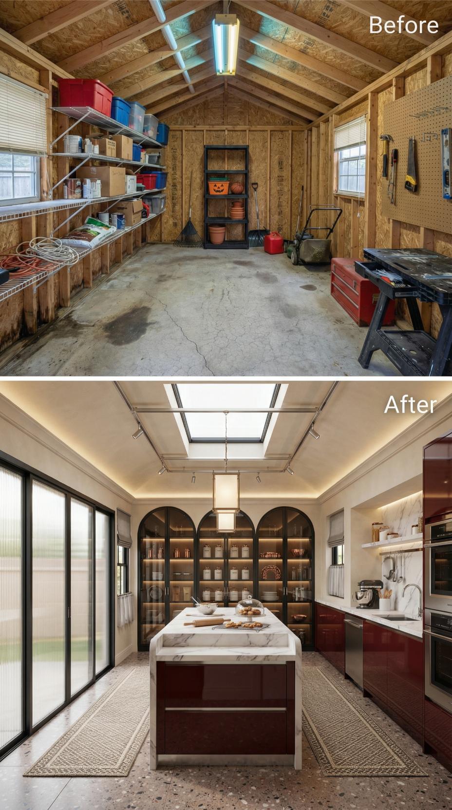 Rustic Garage Evolves Into Elegant Pantry with Arched Display Cabinets