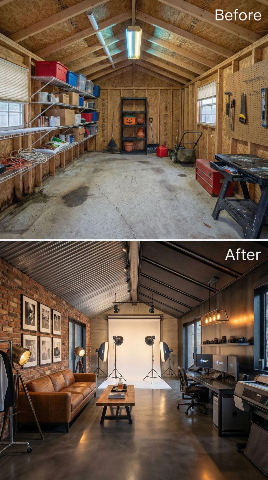 Storage Shed Reborn as Photography Studio with Brick Accent Wall