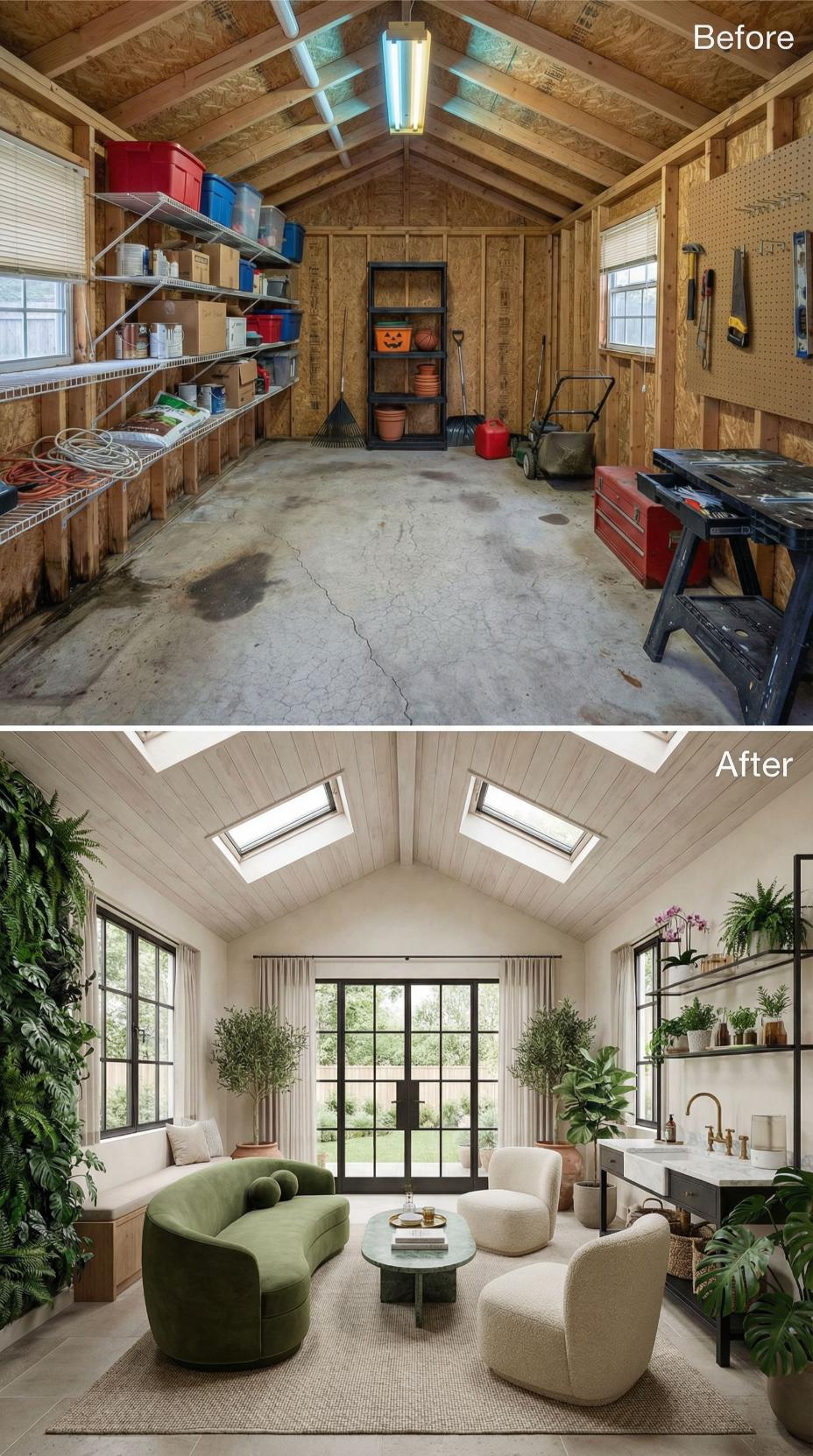 Garden Shed Garage Recast as Vaulted Plant Sanctuary with Skylight Pair
