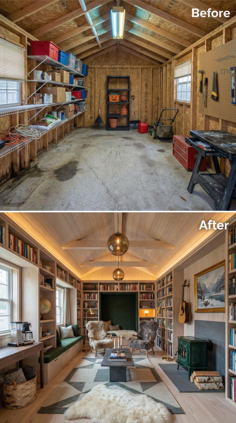 Plywood Storage Space Revived as Library Lounge with Floor-to-Ceiling Shelving