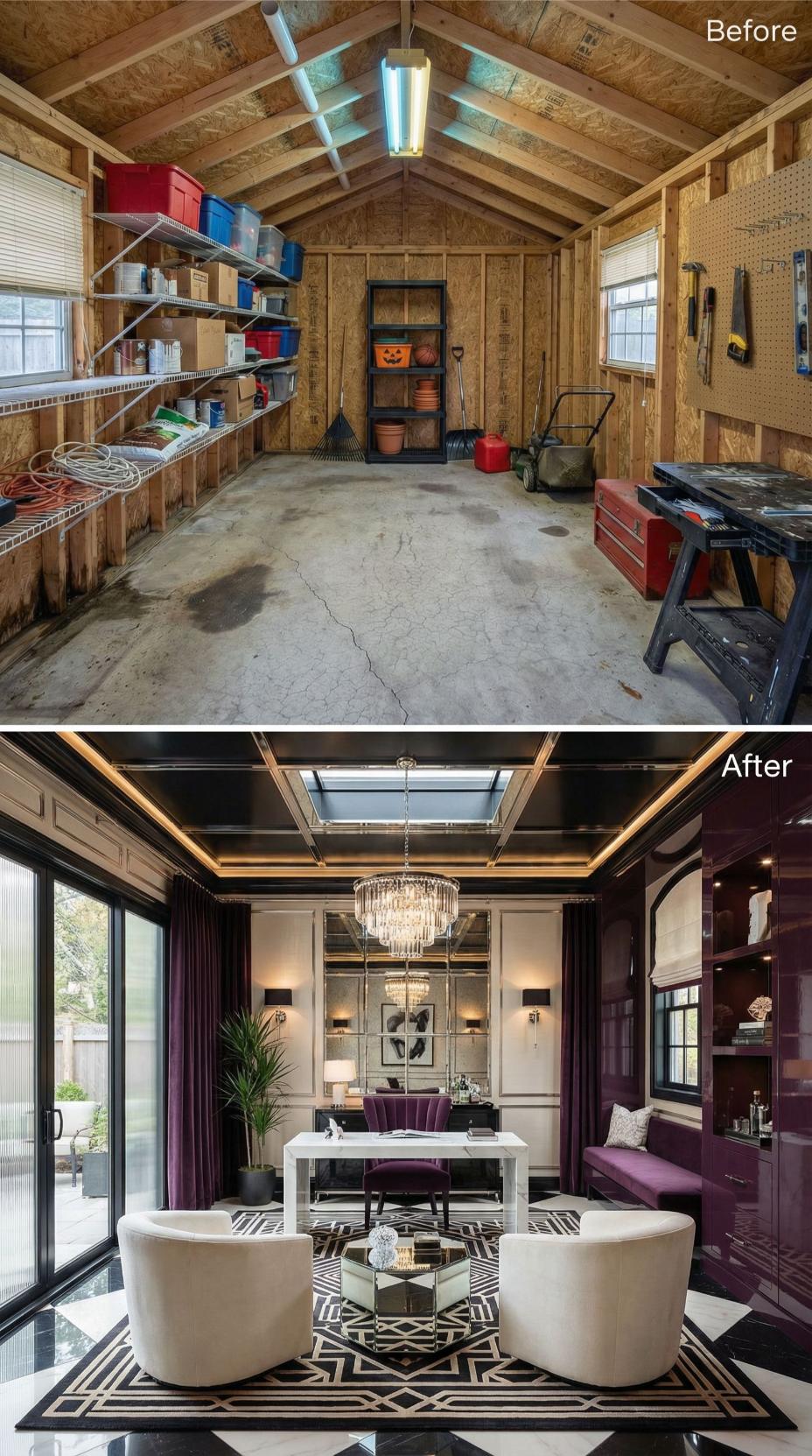 Plywood Utility Space Converted to Jewel-Toned Office with Skylight