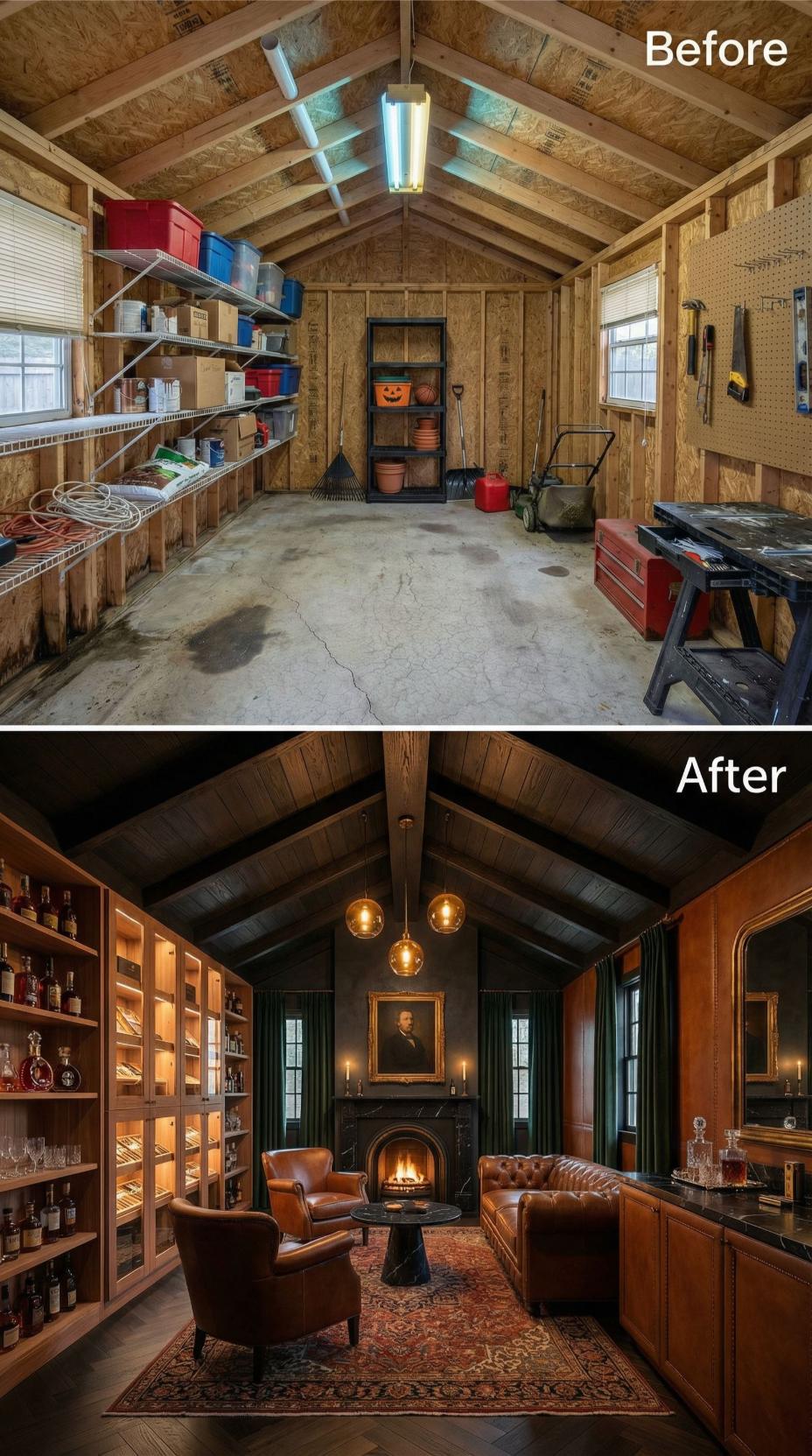 Plywood Storage Garage Converted to Gentleman's Lounge with Fireplace