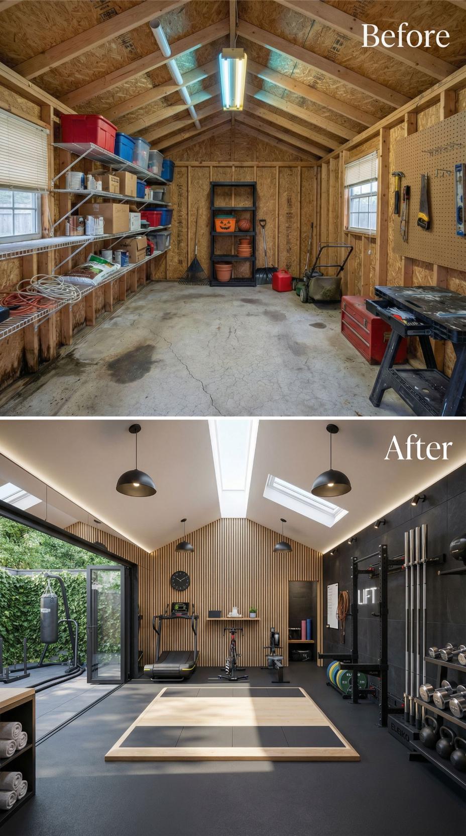 Vaulted Home Gym with Vertical Slat Wall and Skylight-Lit Workout Floor