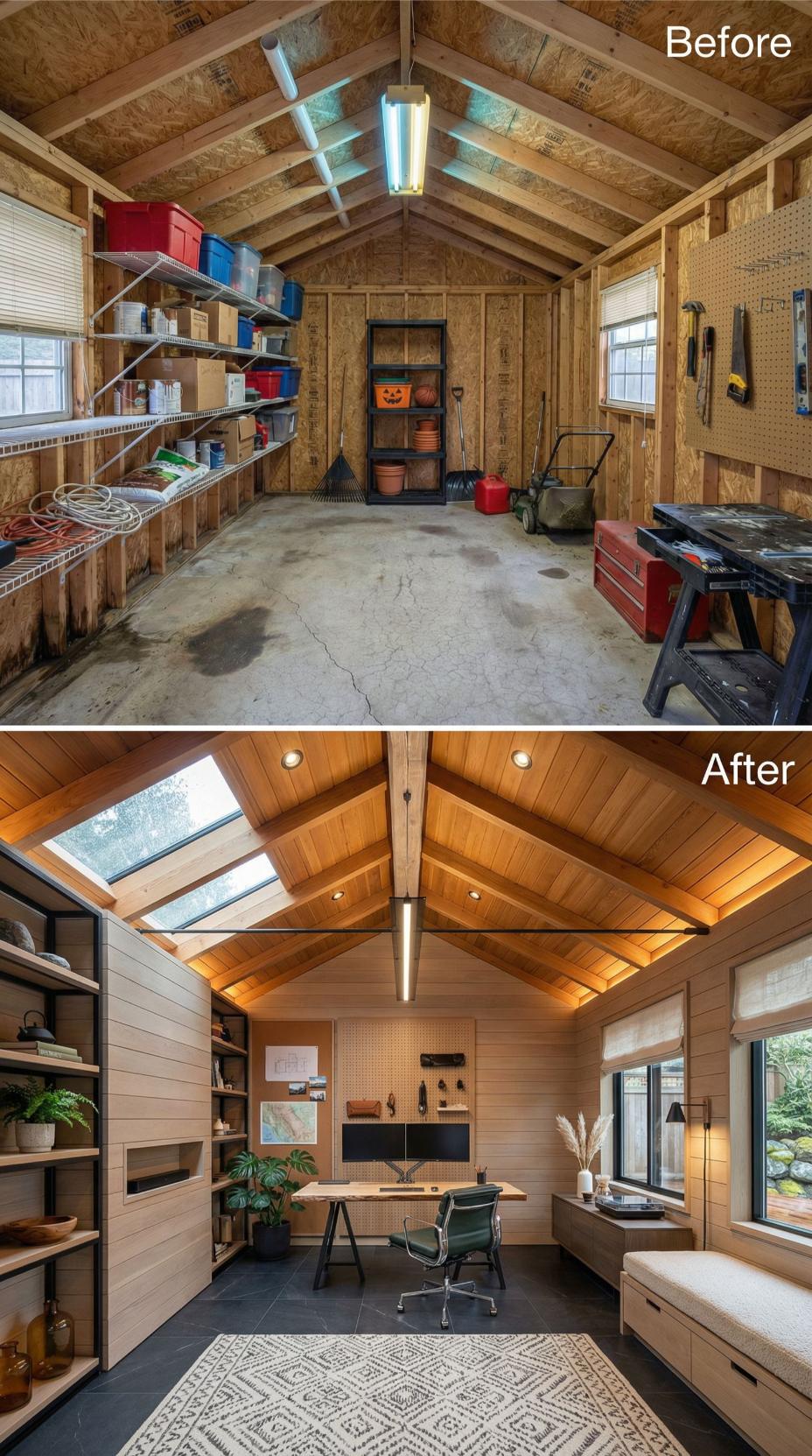 Concrete-Floored Storage Garage Evolves into Skylit Office with Shiplap and Built-In Seating