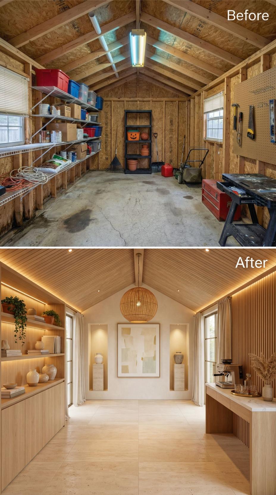 Warm Minimalist Coffee Bar with Ribbed Wood Ceiling and LED Cove Lighting