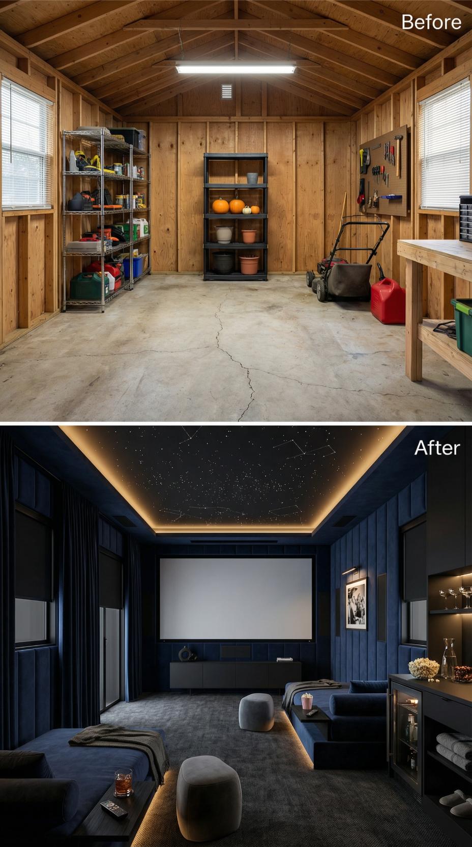 Workshop-Turned-Home Theater with Starlit Tray Ceiling and Blue Velvet Seating