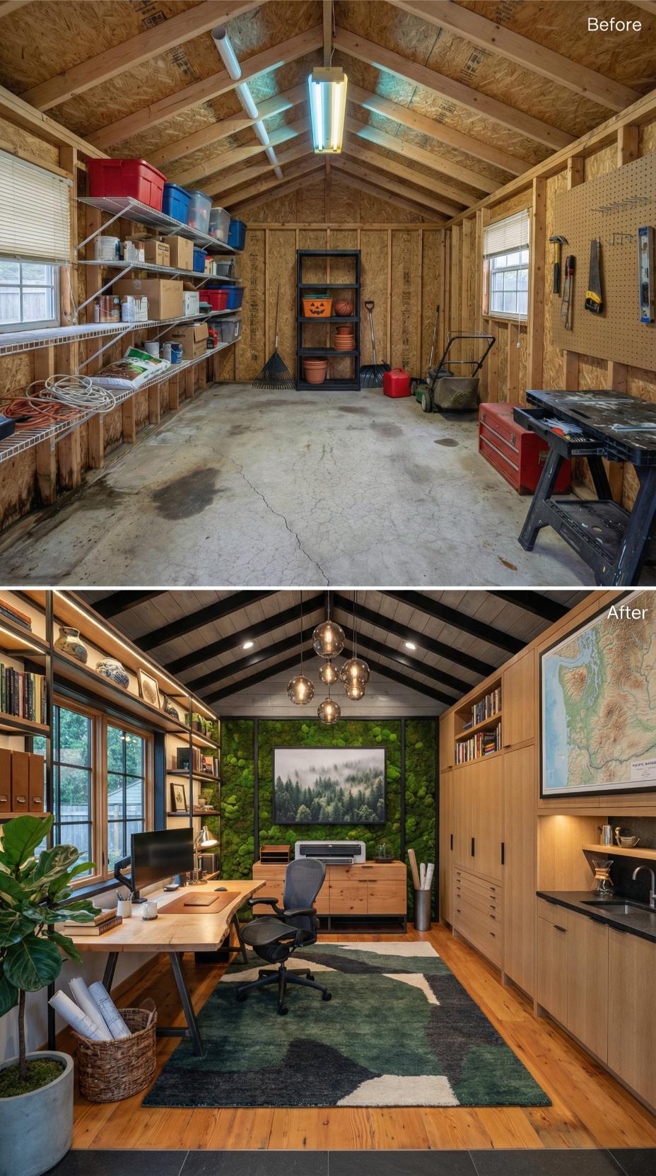 From Storage Chaos to Moss-Wall Office with Custom Oak Cabinetry