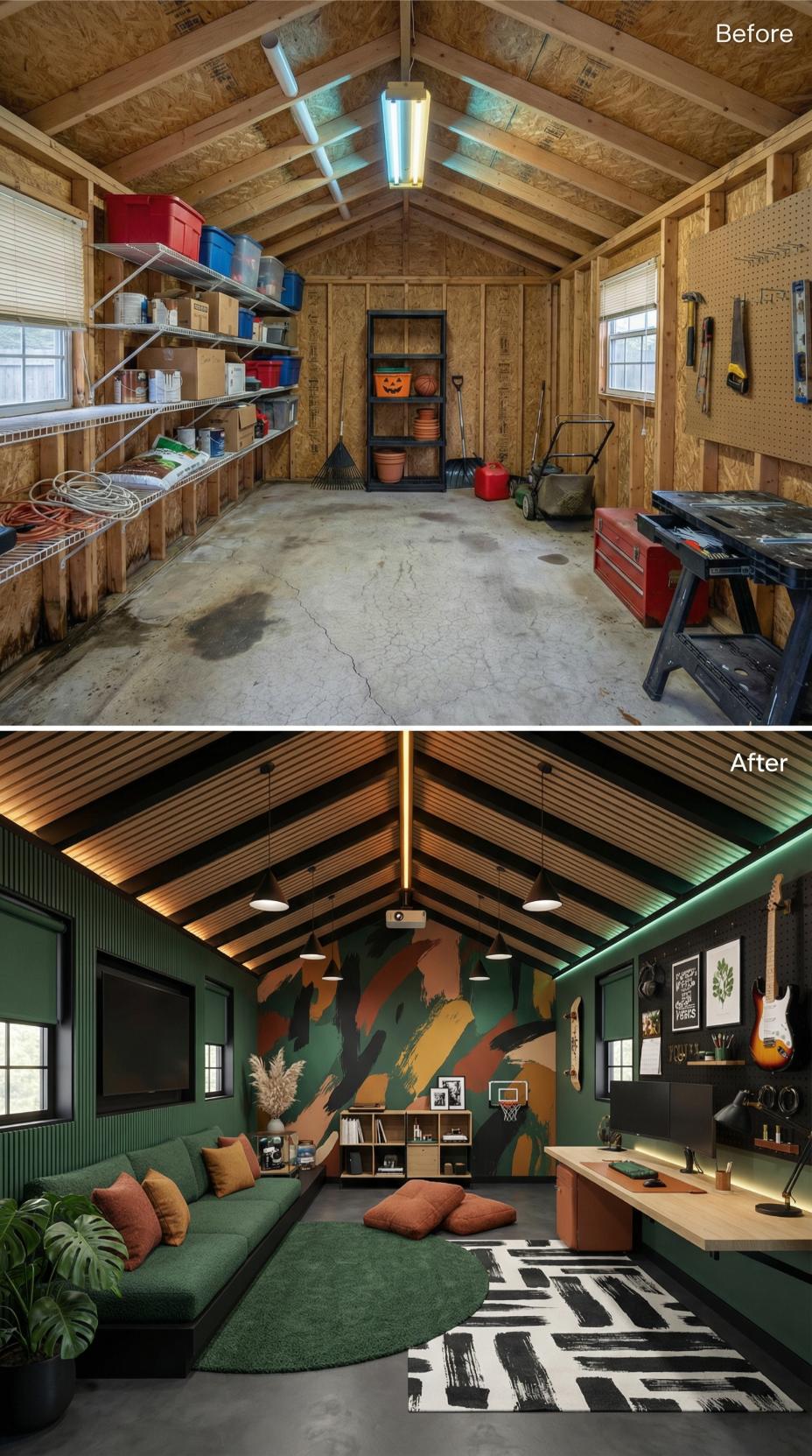 Garage Storage Makeover Becomes Green Velvet Lounge with Geometric Mural