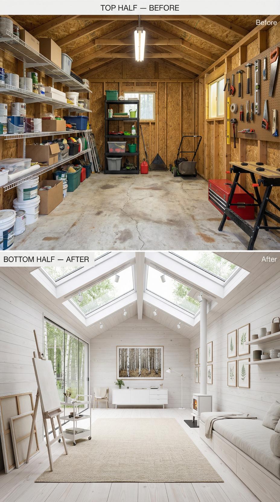 Utilitarian Shed to Whitewashed Art Studio with Skylight Grid