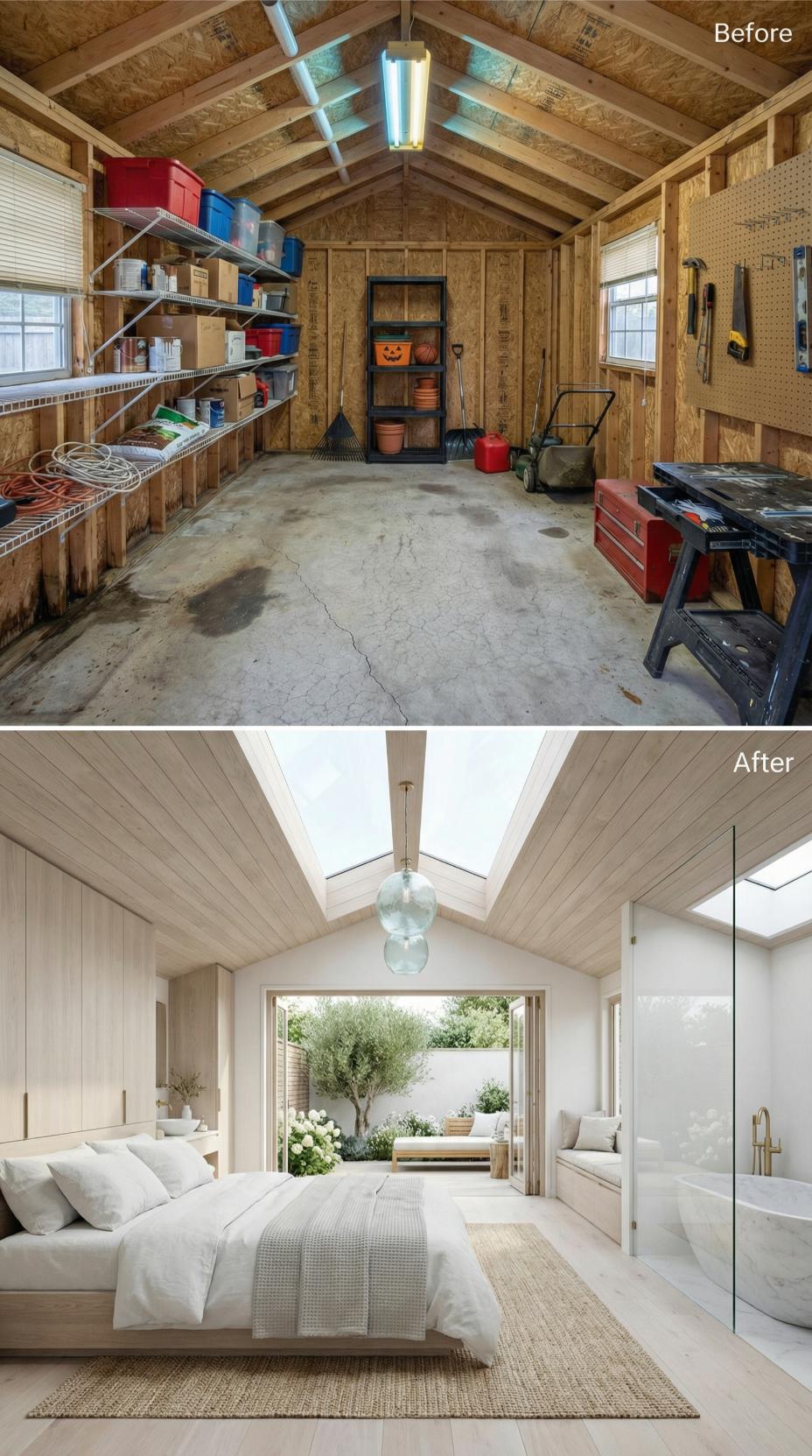 Bare-Bones Garage Reimagined as Pale Oak Bedroom Suite with Skylight and Courtyard Access