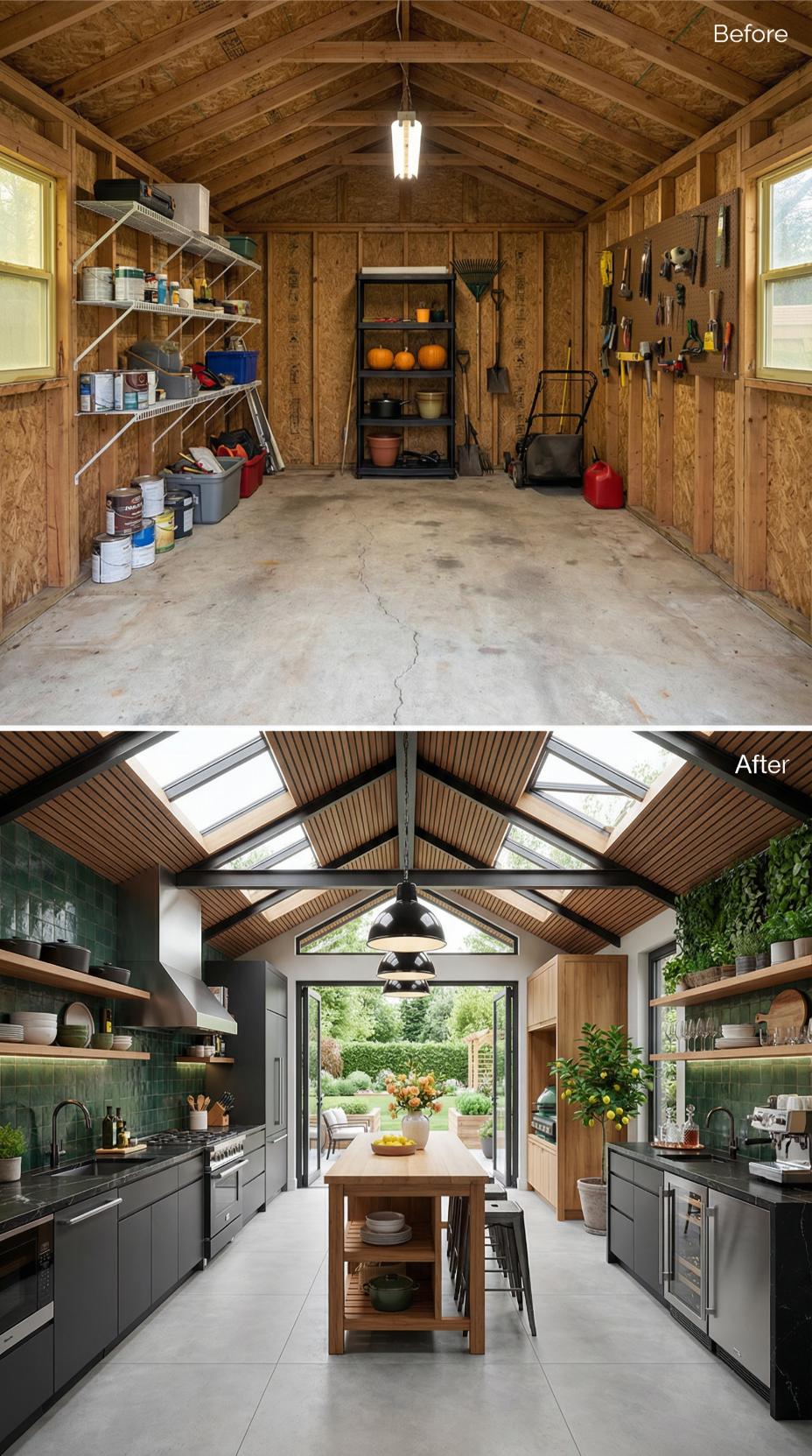 Plywood Storage Shed Becomes Galley Kitchen with Skylights and Dark Green Tile