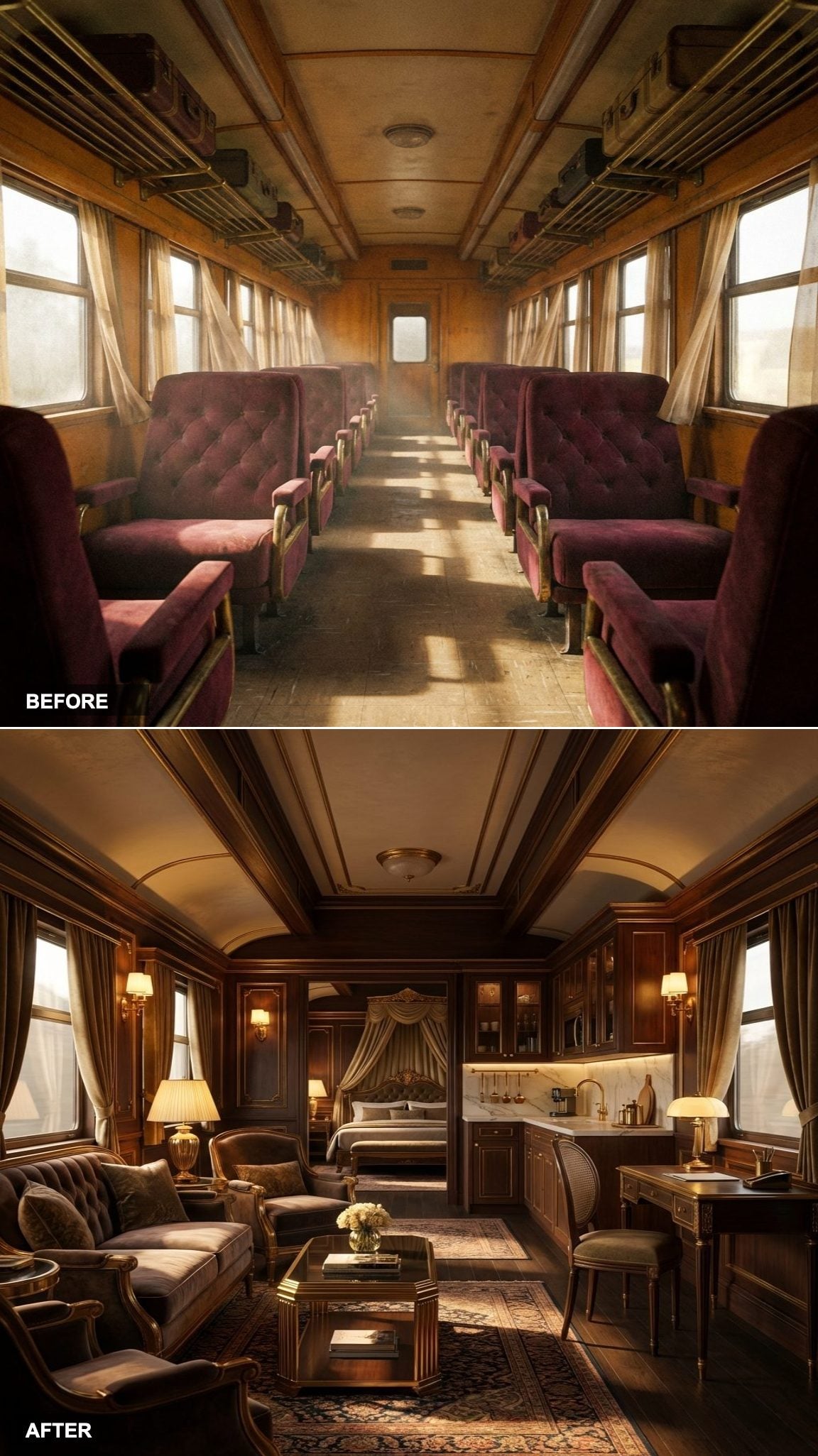 From Open-Car Seating to a Private Suite with Brass Fixtures and Marble Counters