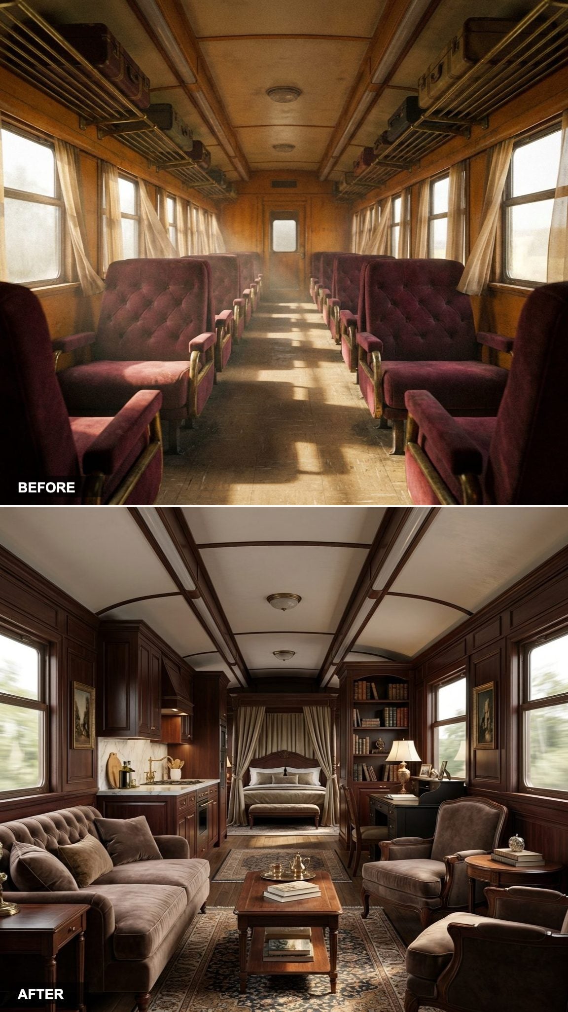 Velvet Sofas, Bookcase Walls, and a Bed Behind Curtain Panels