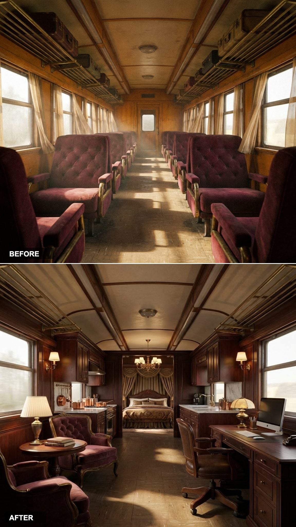 Burgundy Velvet Chairs Anchor a Car That Now Holds a Bedroom, Kitchen, and Office