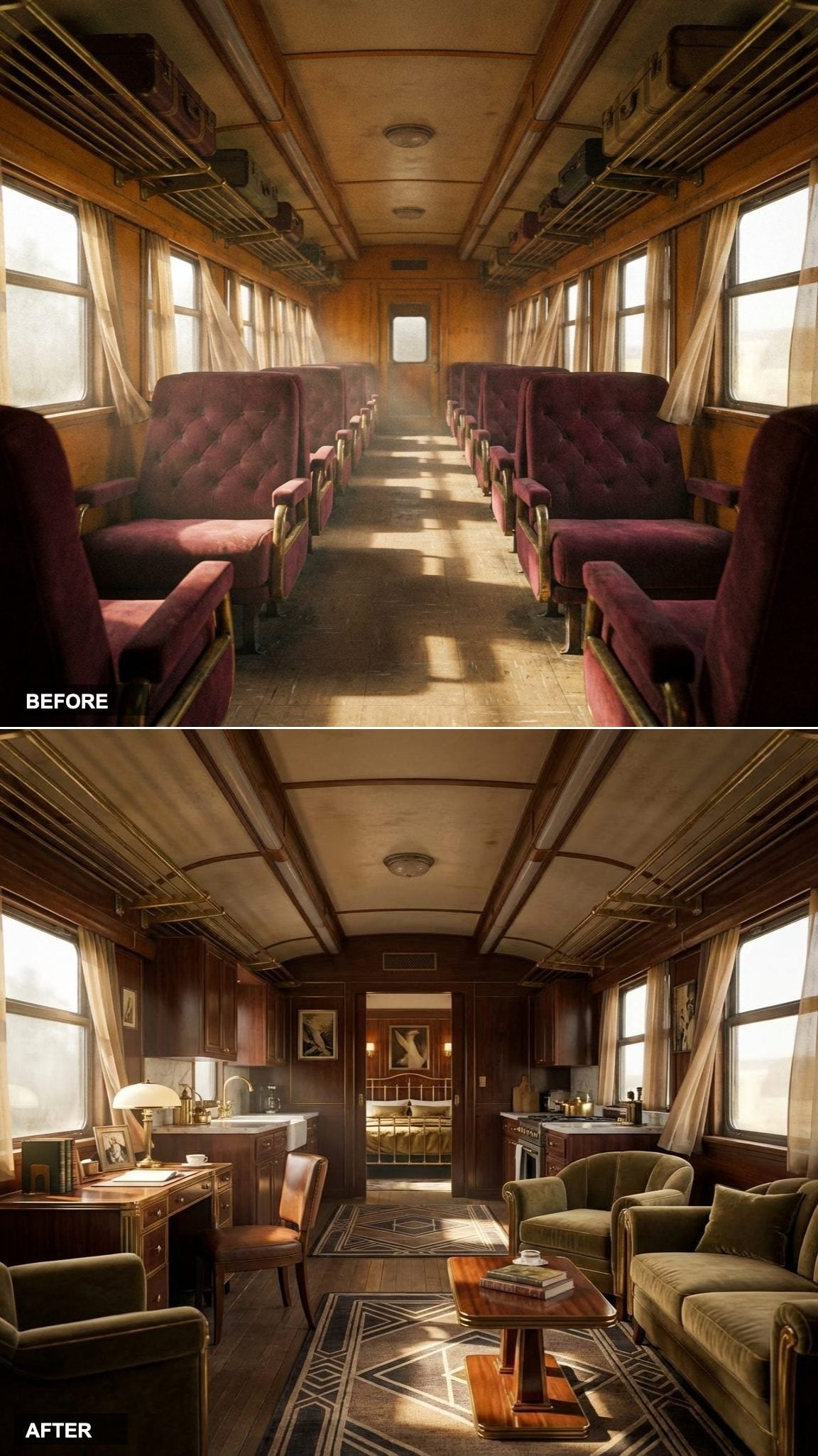 Worn Passenger Car to Baroque Revival Sleeping Coach