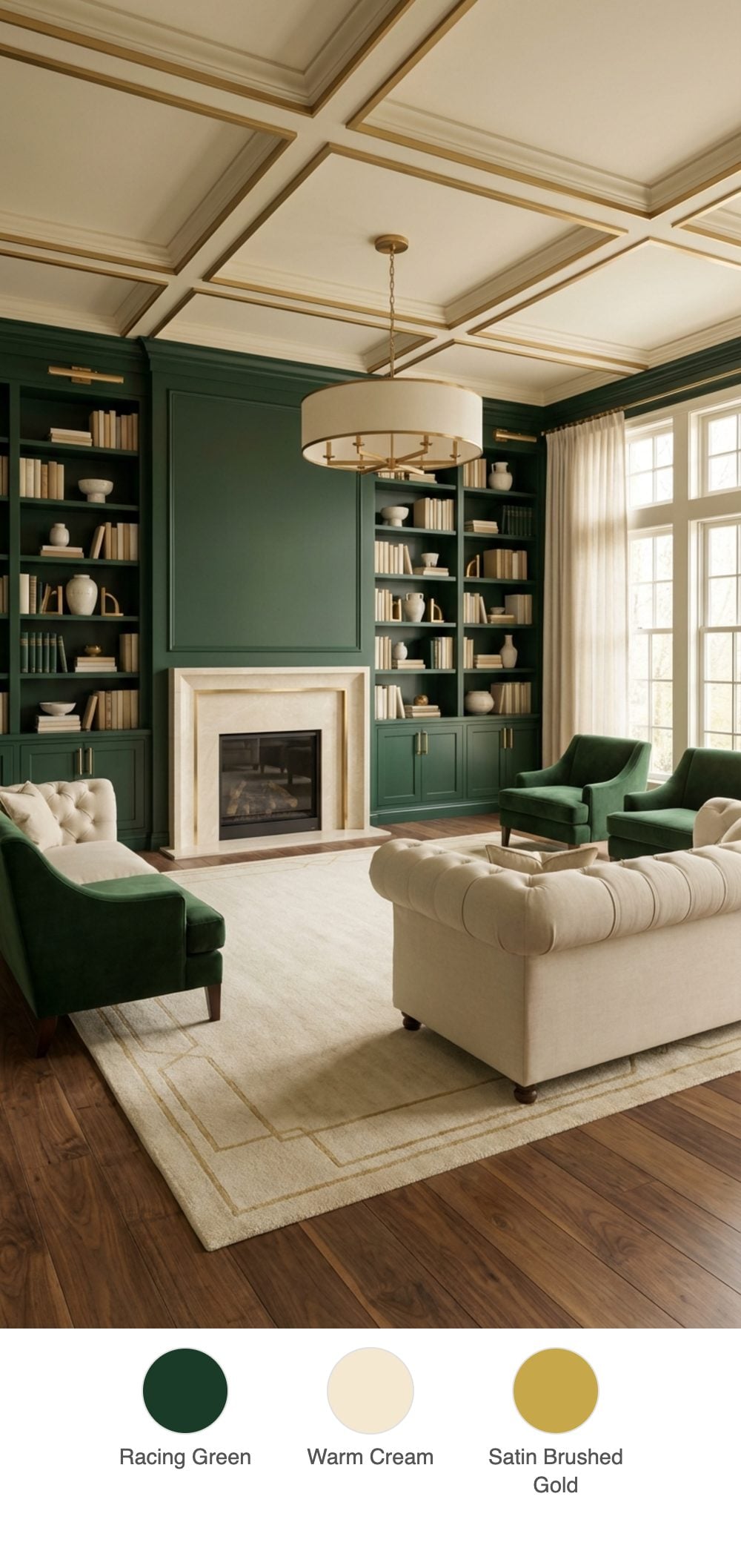 Sprawling Transitional Living Room with British Racing Green Built-In Bookshelves and Tufted Cream Sofas
