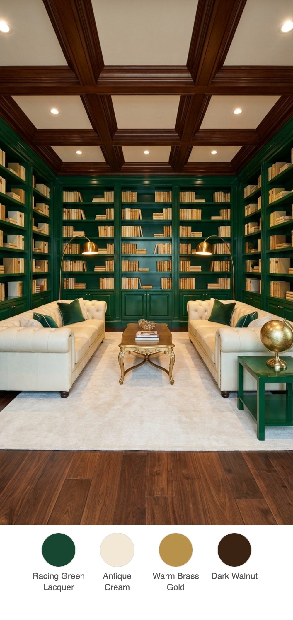 Regal Library-Style Living Room with Floor-to-Ceiling Green Bookshelves and Cream Chesterfield Sofas