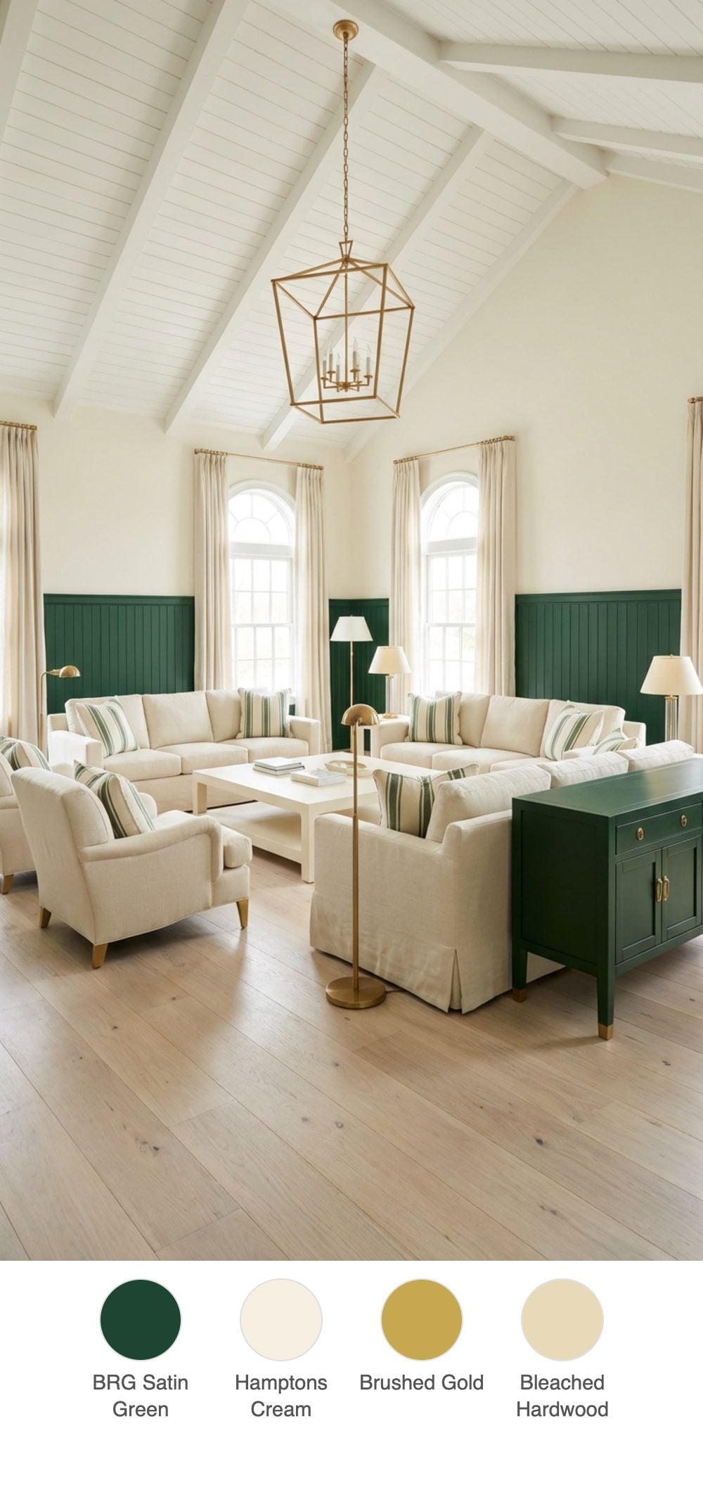 Sprawling Hamptons-Style Living Room with British Racing Green Wainscoting and Cathedral Ceiling with White-Painted Beams