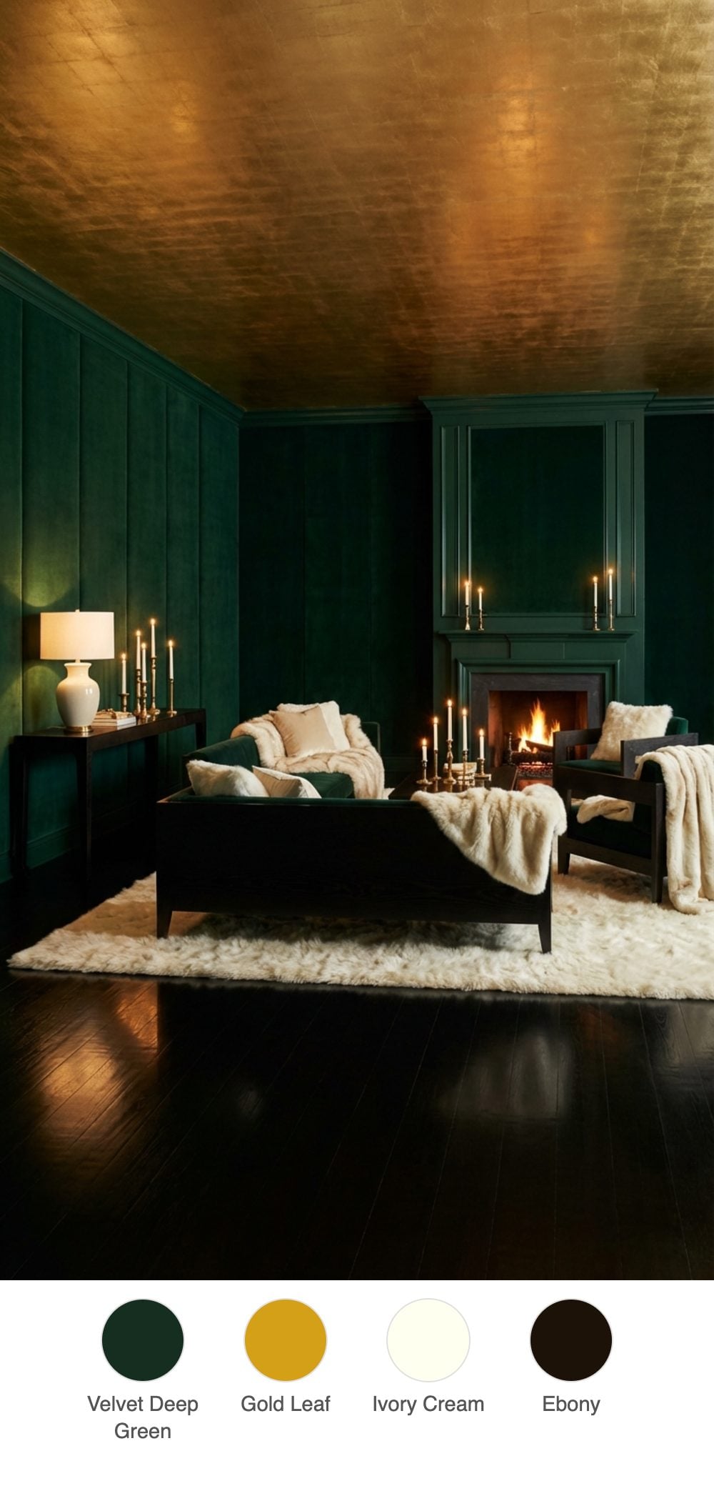 Dramatic Jewel-Box Living Room with British Racing Green Velvet Walls, Gold Leaf Ceiling, and Ebony Floors