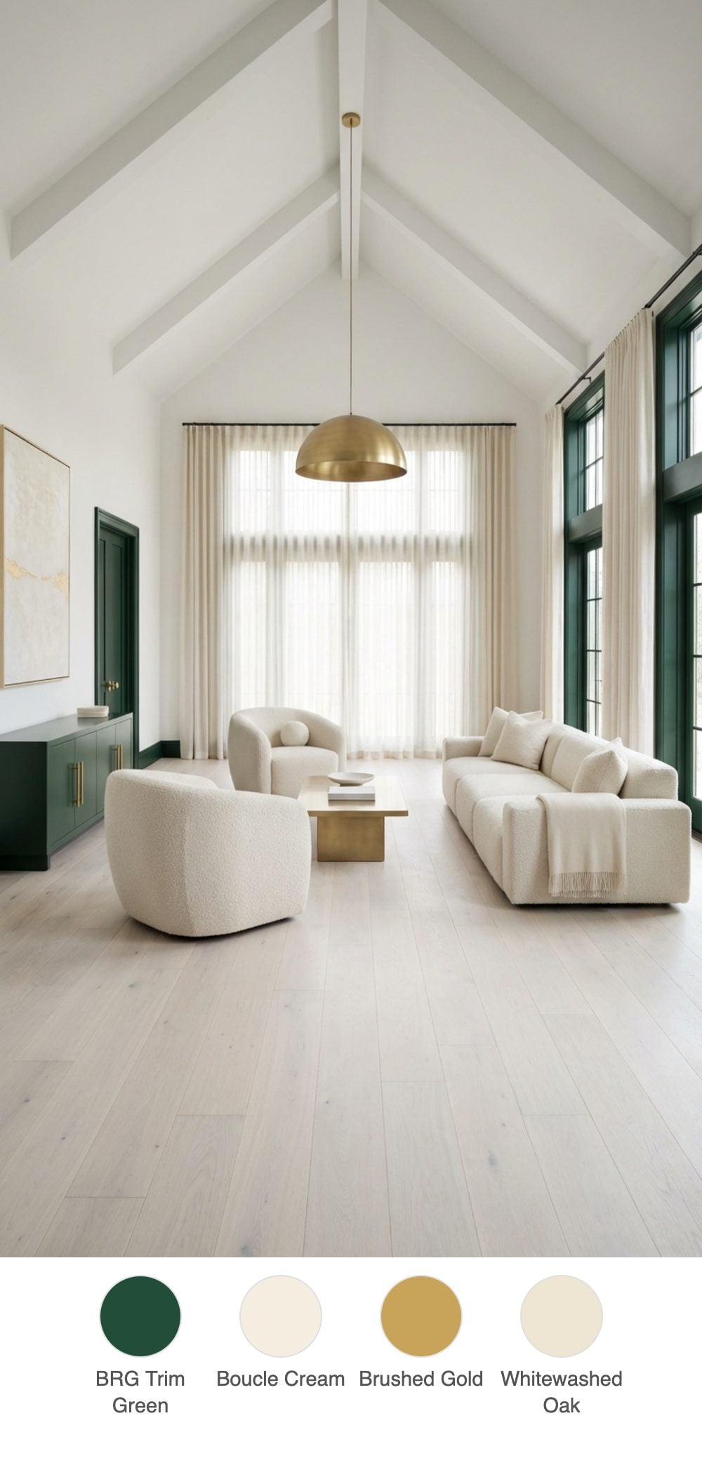 Grand Scandinavian-Luxe Living Room with British Racing Green Painted Trim, Cream Boucle Furniture, and Vaulted White Ceiling