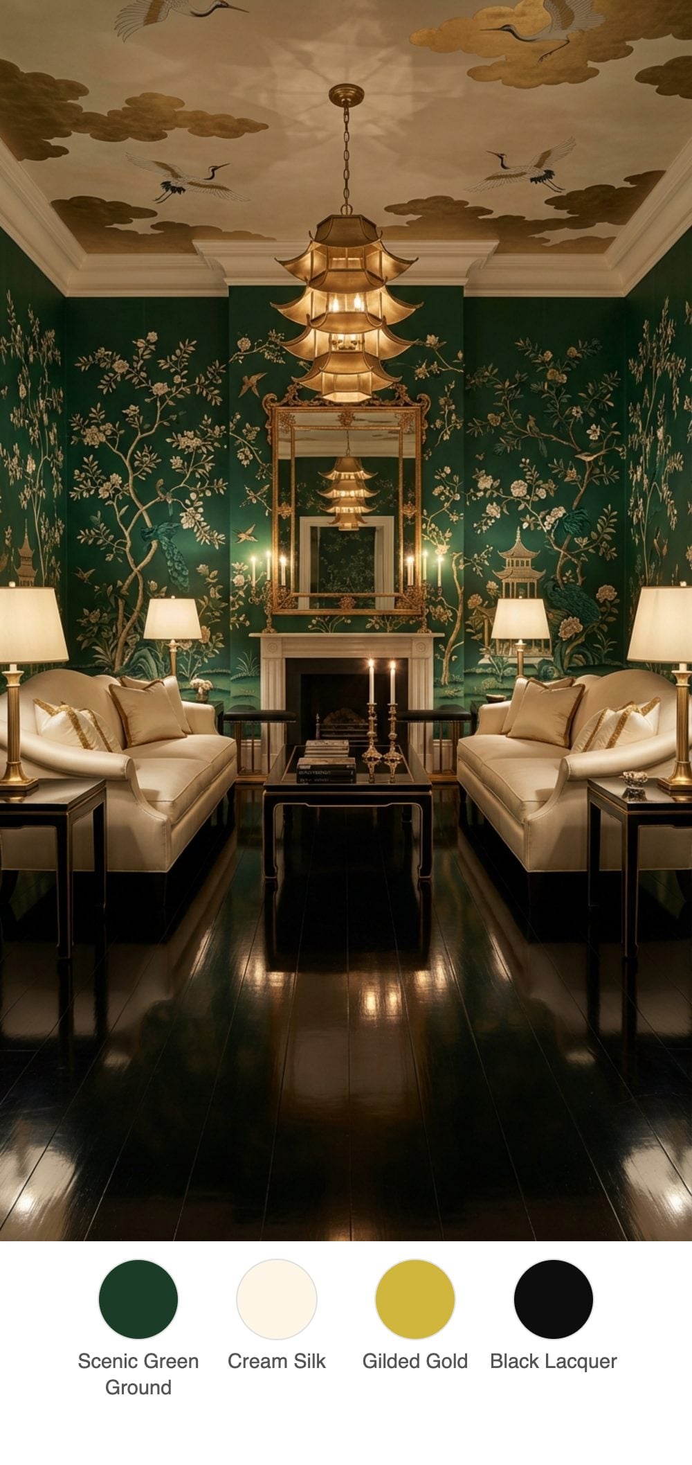 Opulent Chinoiserie Living Room with British Racing Green Hand-Painted Scenic Wallpaper and Gold Pagoda Chandelier