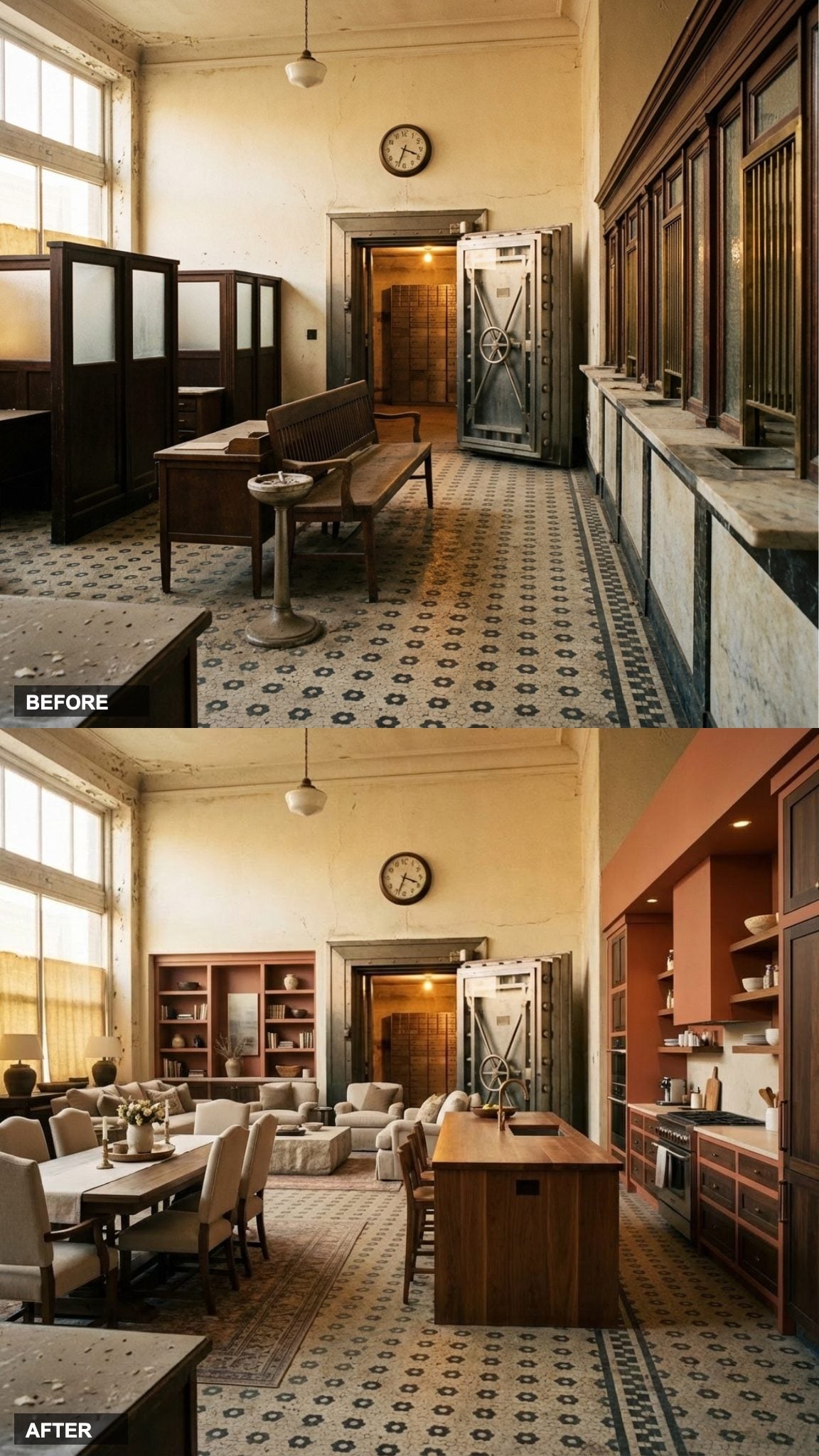 Terracotta, Warm Wood, and a Farmhouse Table Bring the Old Bank Back Down to Earth