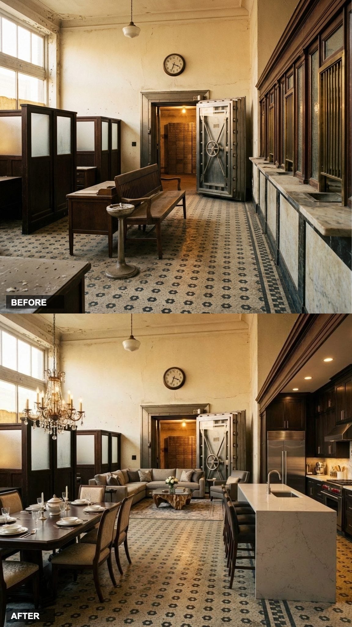 Dark Cabinetry, Oversized Quartz, and a Chandelier Over Dinner, This Version Has Attitude